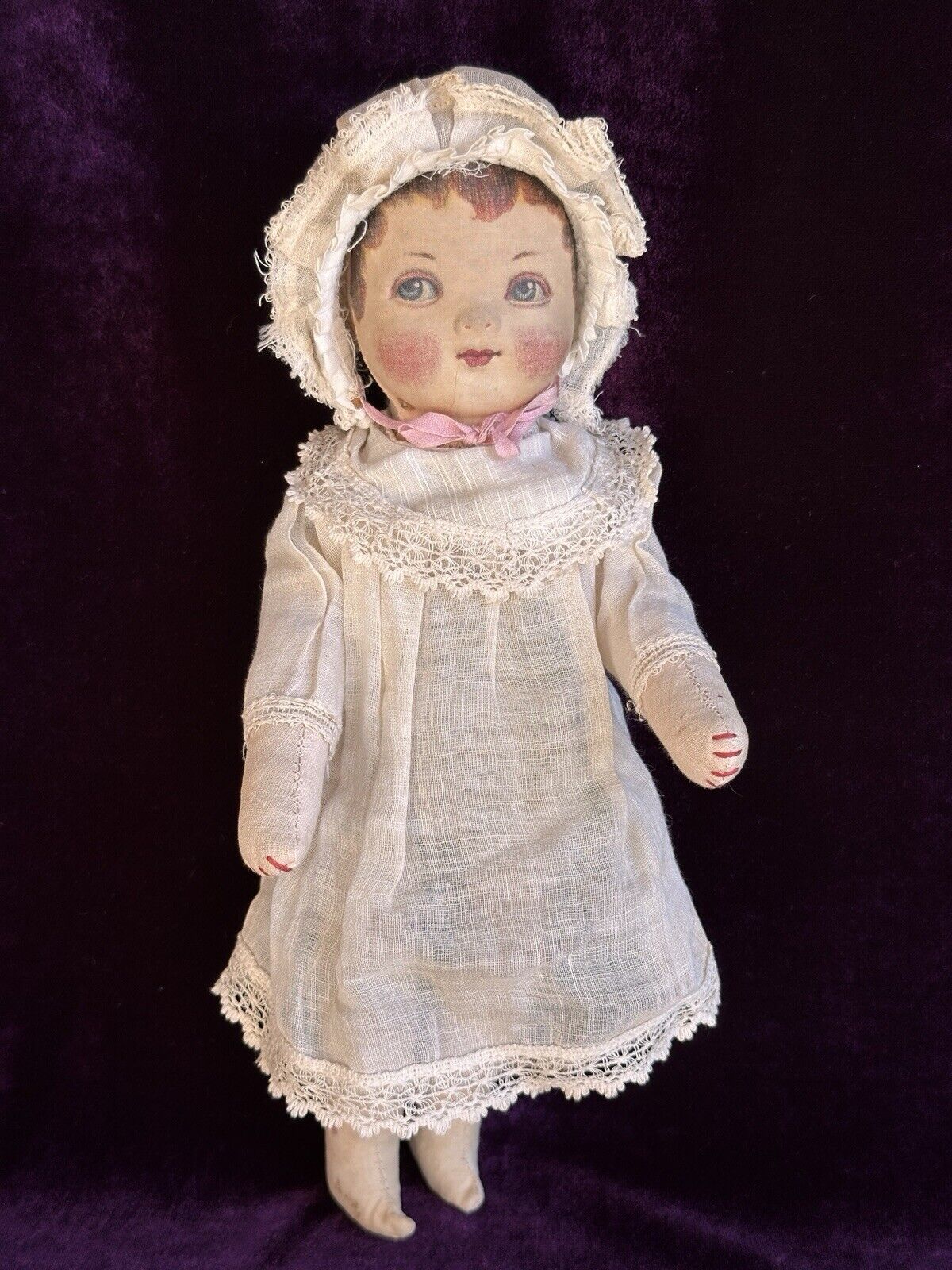 Antique American 12” Bruckner Lithograph Hard Mask Cloth Rag Doll