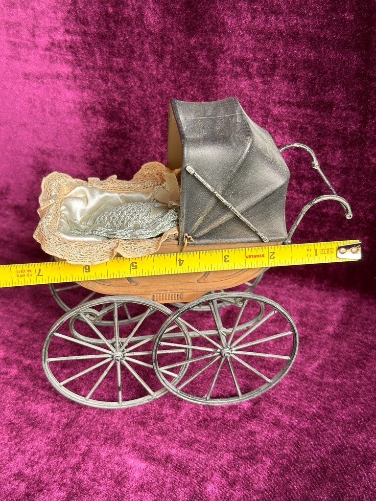 Antique German Miniature All Bisque Limbach Baby Doll in Victorian Pram/Carriage