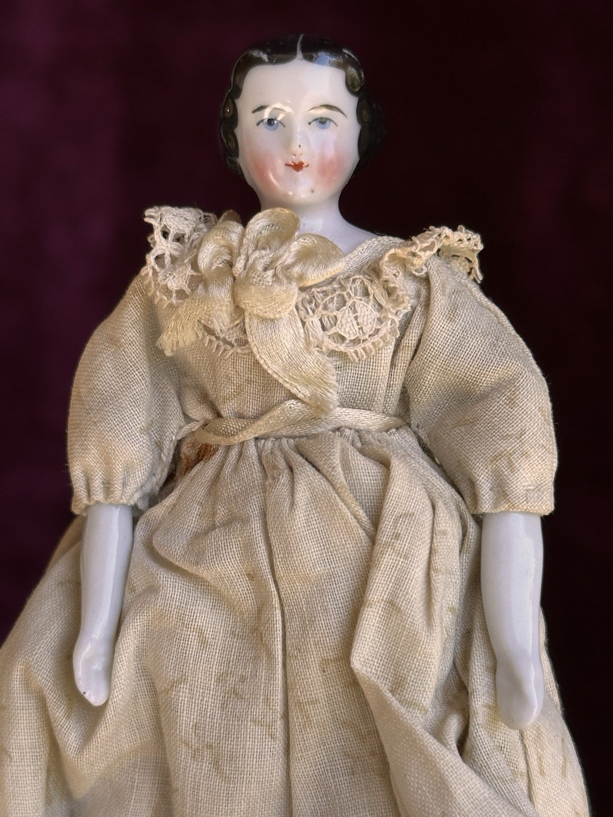 Antique German 4.5” Flat Top Bisque Cloth Miniature Dollhouse China Doll