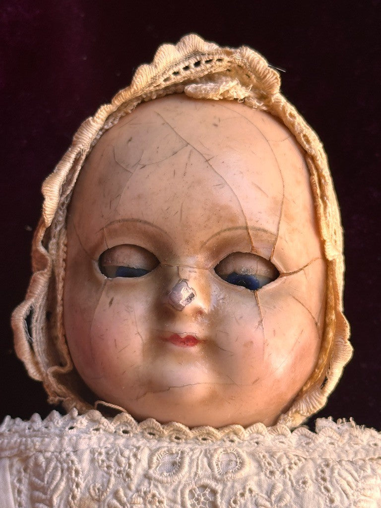 Antique 13.5” Motschmann Type Taufling Body Wax Over Papier Mache Bebe Doll