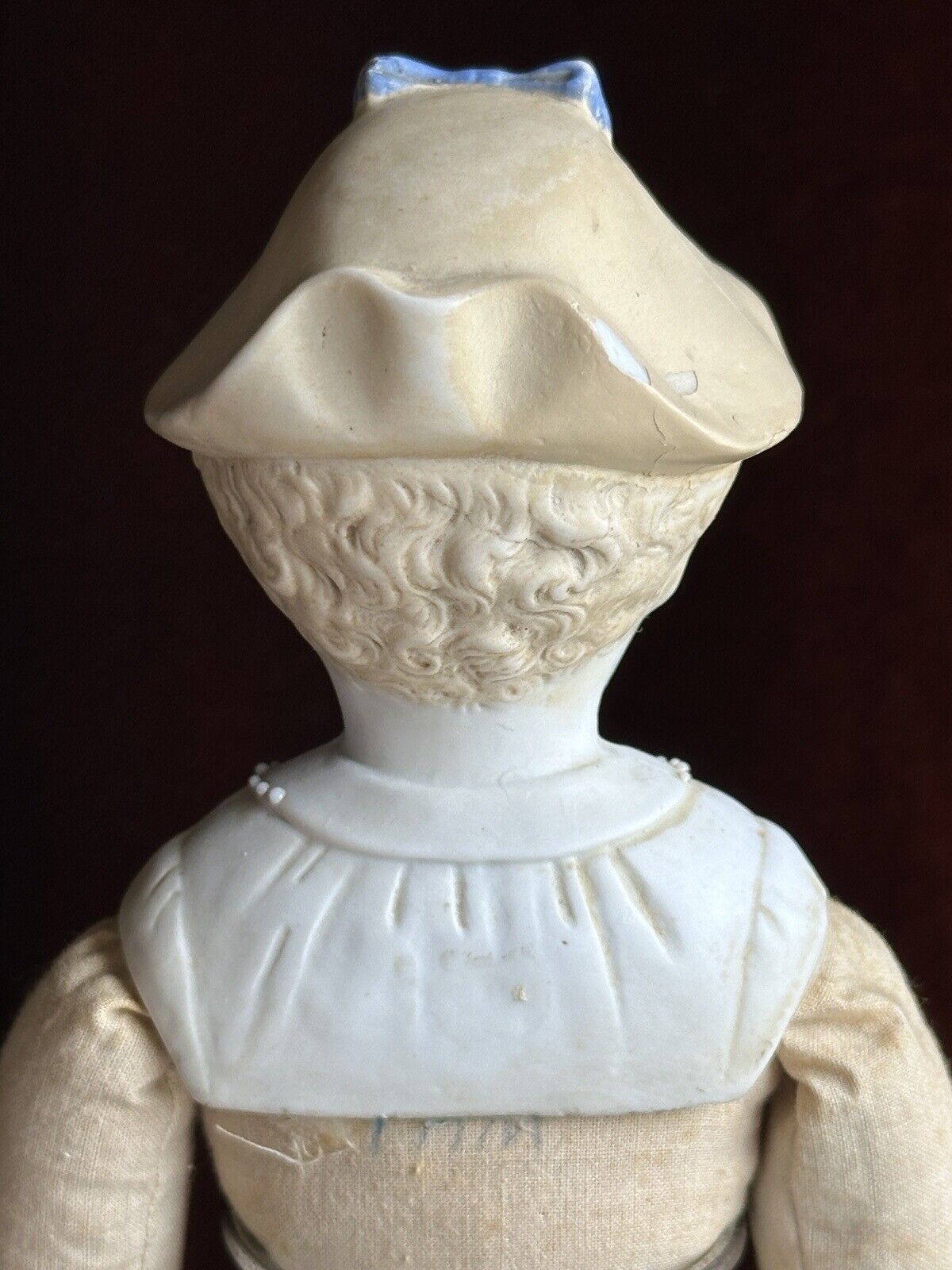 Antique German Hertwig 14” Molded Hat Parian Bisque Shoulder Head Doll