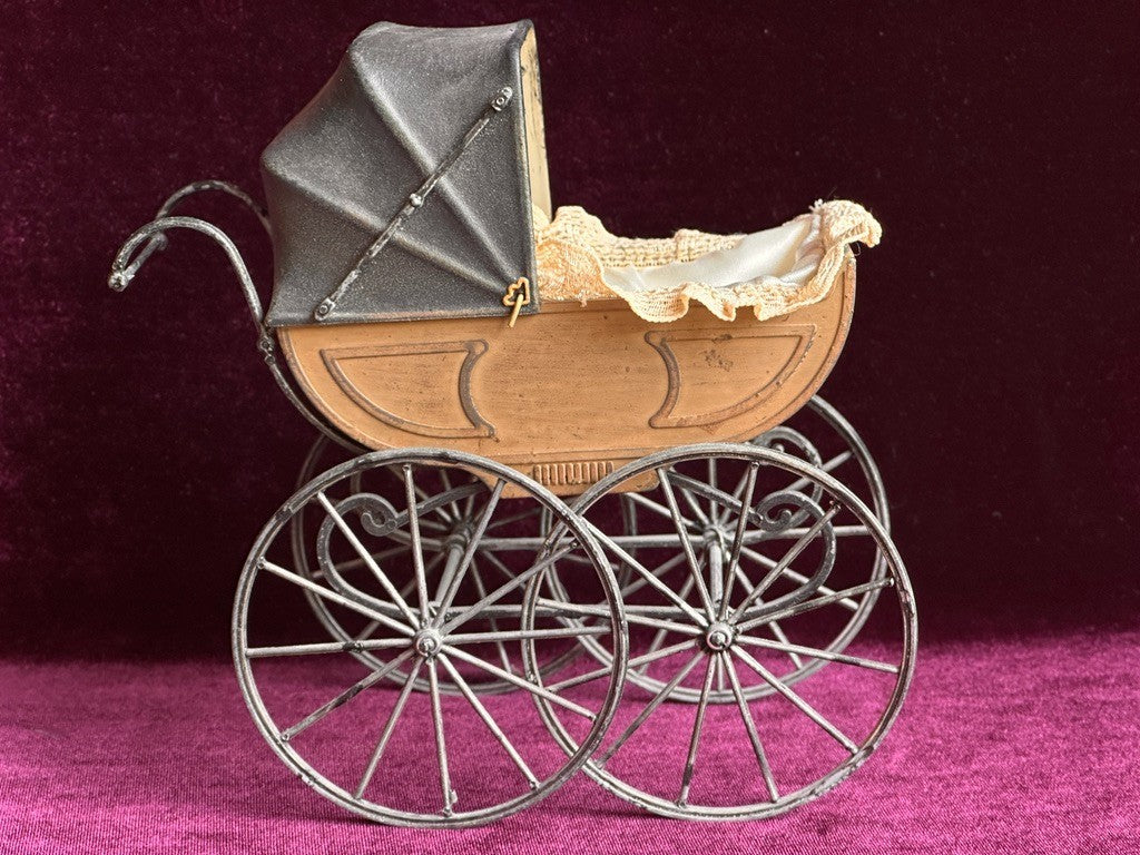 Antique German Miniature All Bisque Limbach Baby Doll in Victorian Pram/Carriage