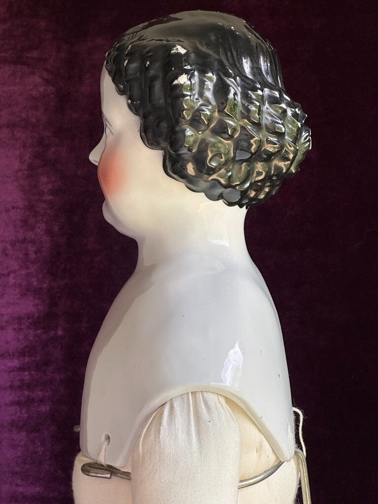Large Antique German 31” Flat Top Highbrow China Shoulder Head Doll