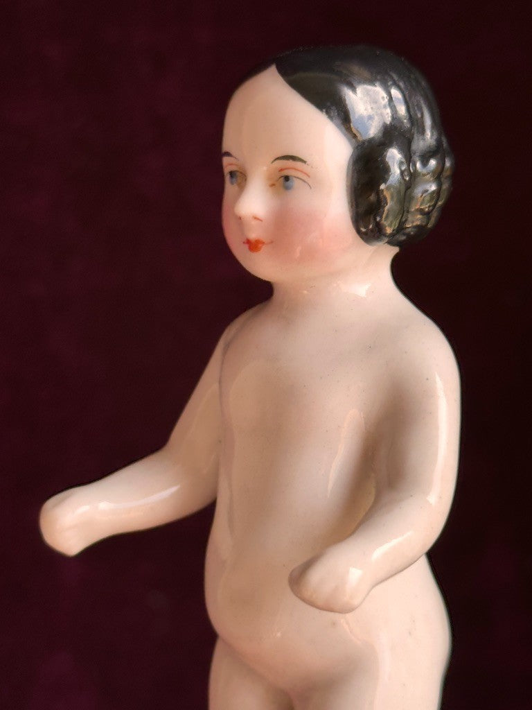Antique German 4.25” Frozen Charlotte Pink Tint Covered Wagon China Doll