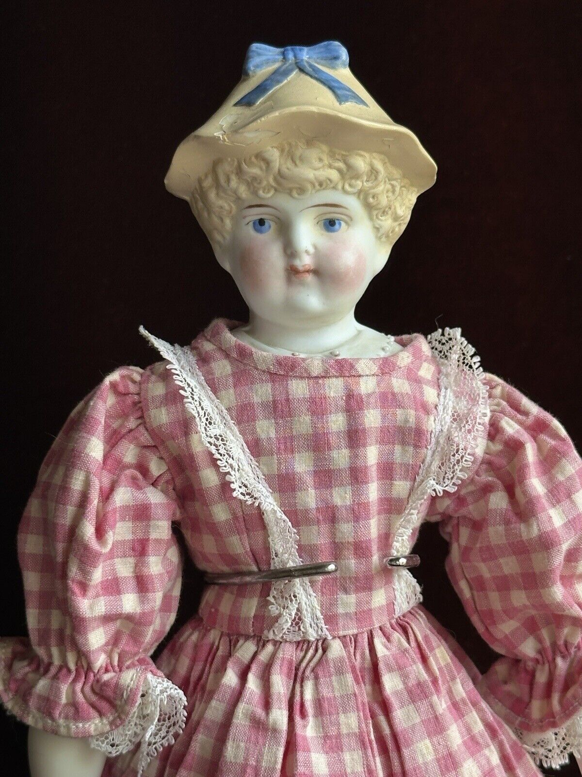 Antique German Hertwig 14” Molded Hat Parian Bisque Shoulder Head Doll