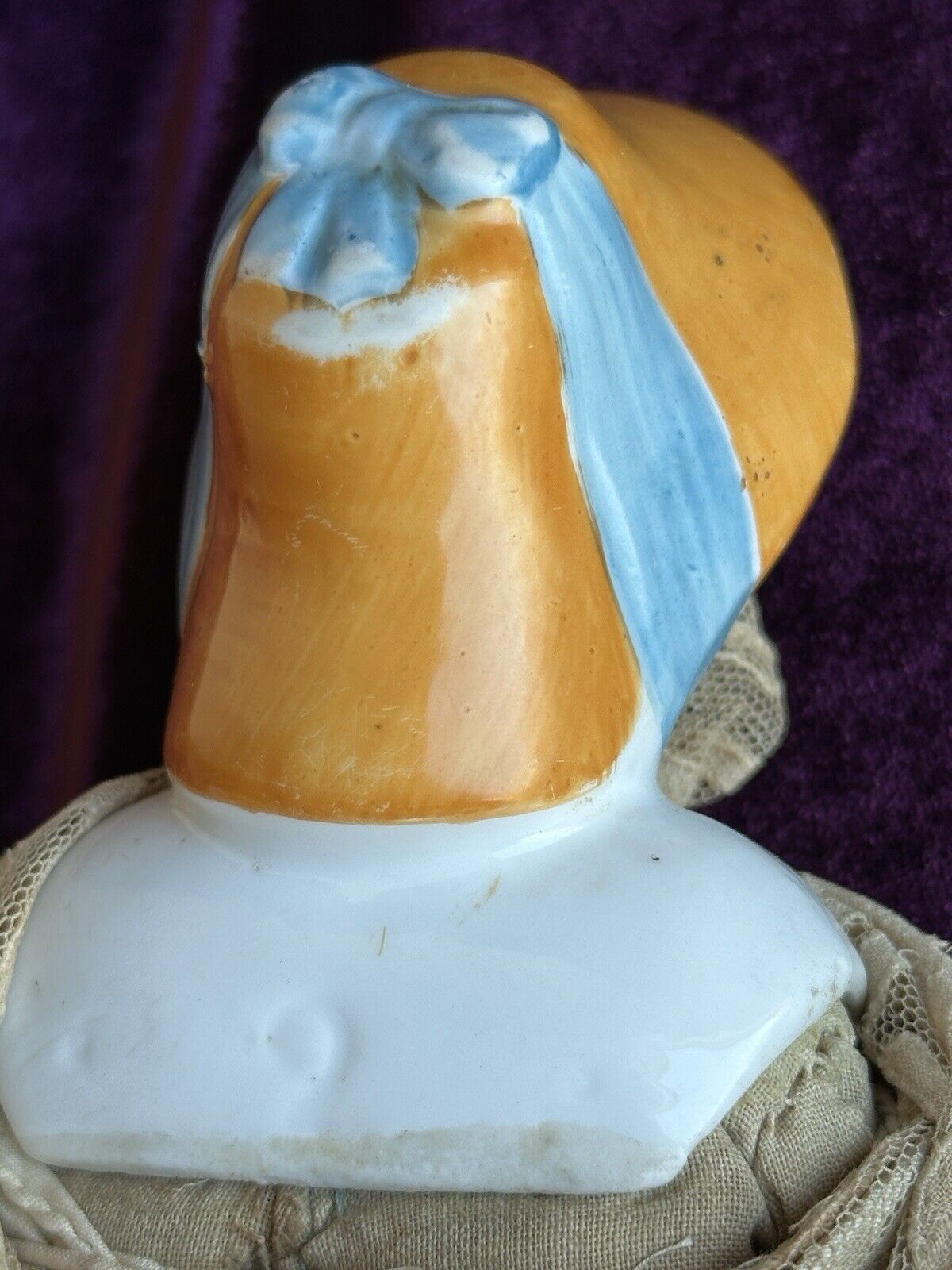 Antique German 12.5” China Shoulder Head Doll with Molded Bonnet