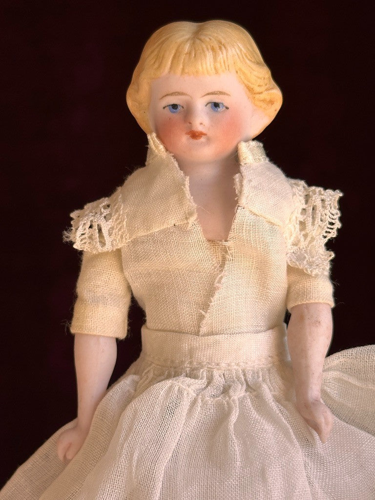 Antique German 5.25” Bisque Shoulder Head Miniature Dollhouse Parian Doll
