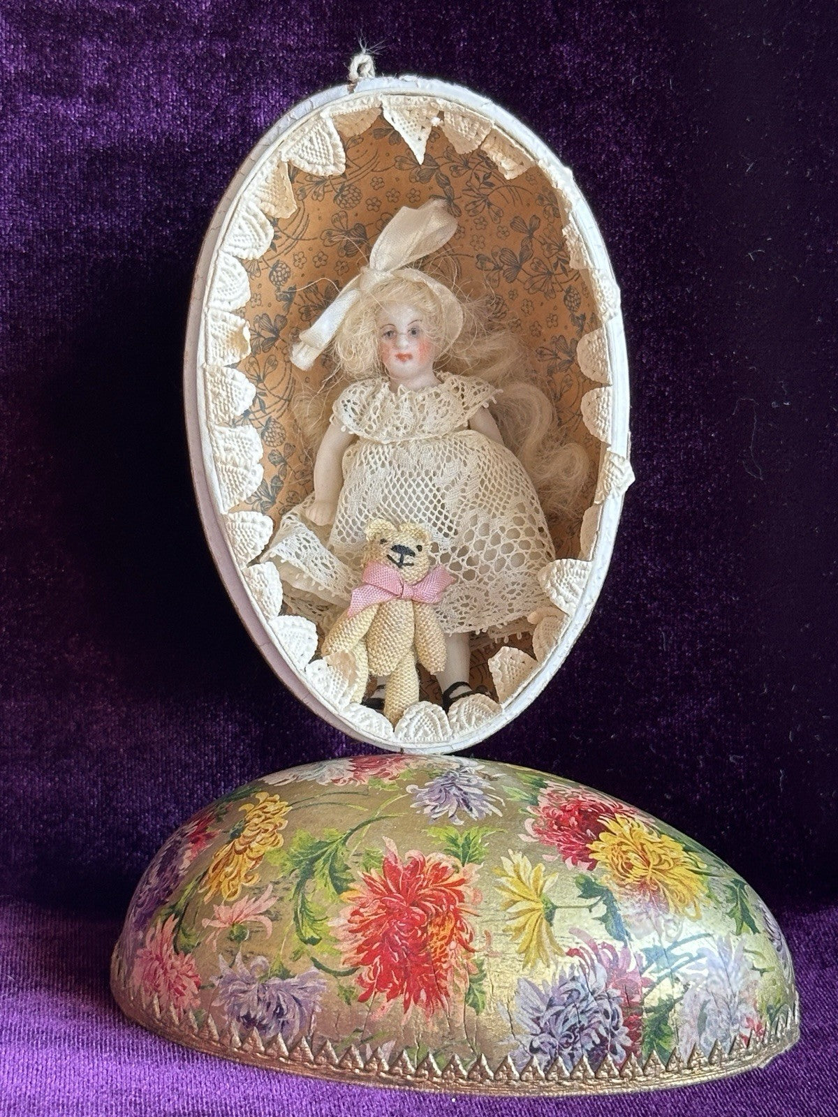 Antique German Easter Egg with All Bisque Miniature 3.25” Mignonette Doll