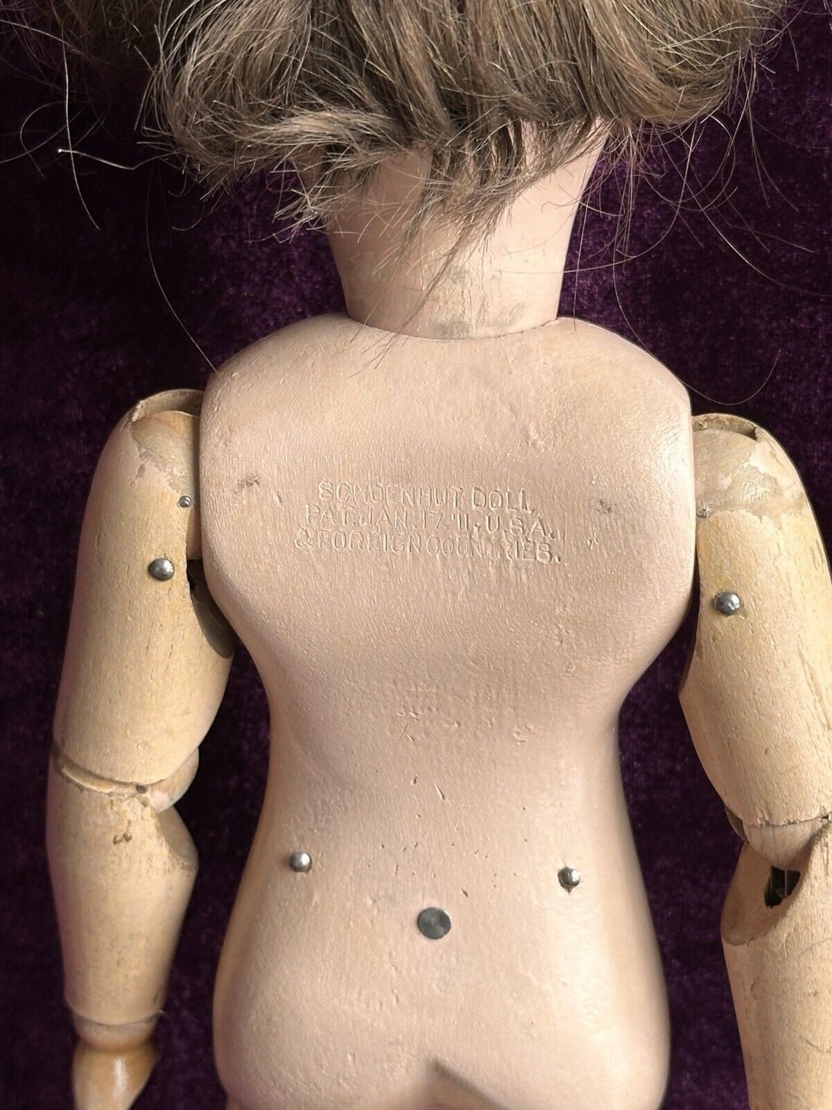Antique 14” American Schoenhut Model 312 Wood Carved Spring Jointed Girl Doll