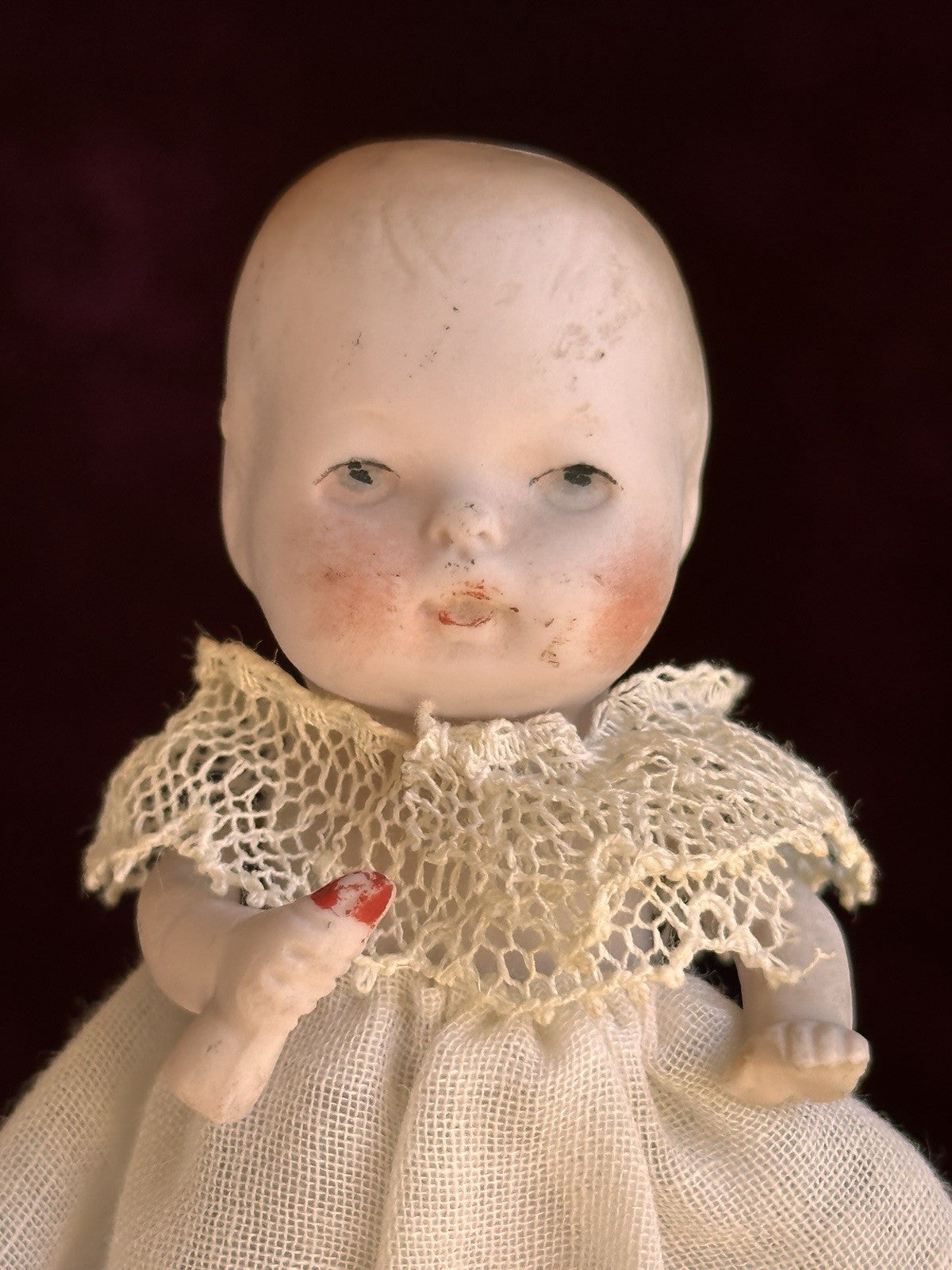 Antique German 3.375” All Bisque Hertwig Miniature Baby Doll Molded Bottle
