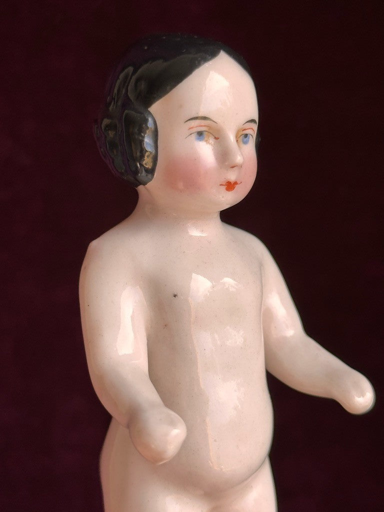 Antique German 4.25” Frozen Charlotte Pink Tint Covered Wagon China Doll