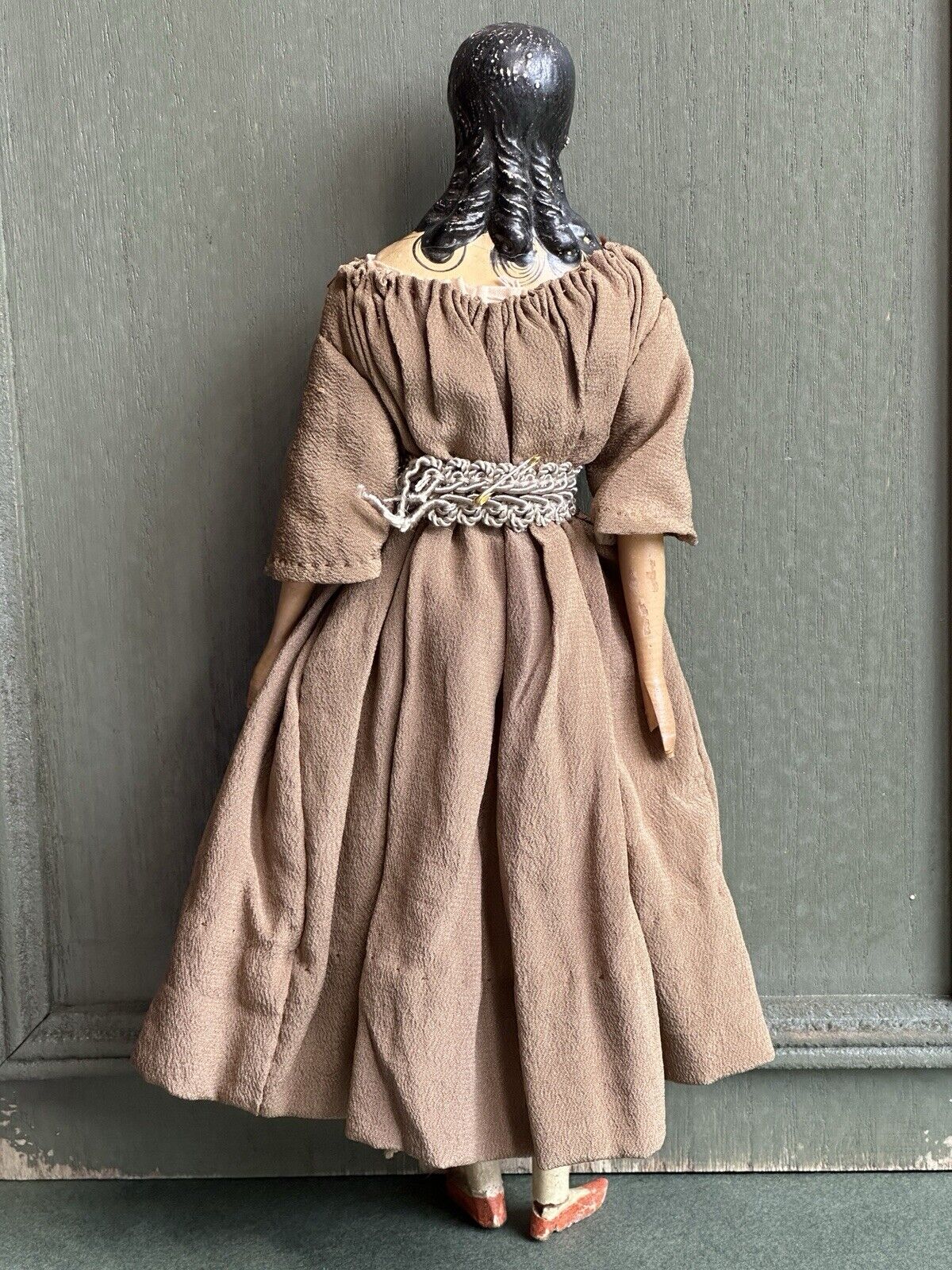 Antique German 10.325” Milliners Long Ringlets Papier Mache Wood Doll