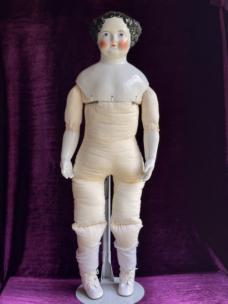 Large Antique German 31” Flat Top Highbrow China Shoulder Head Doll