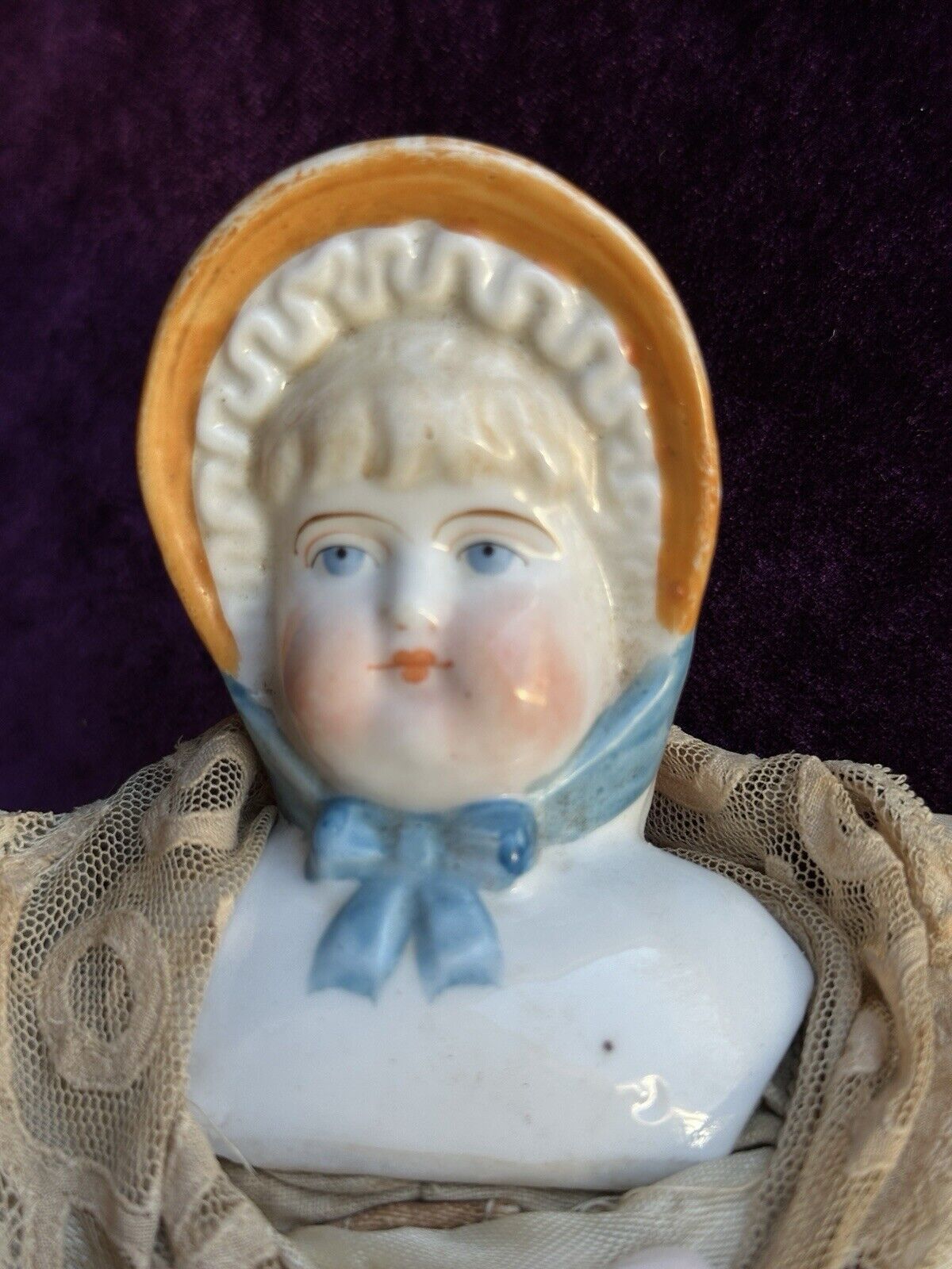 Antique German 12.5” China Shoulder Head Doll with Molded Bonnet