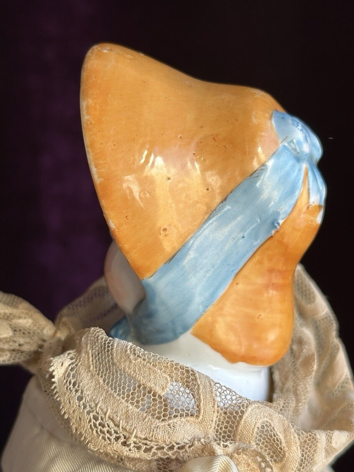 Antique German 12.5” China Shoulder Head Doll with Molded Bonnet
