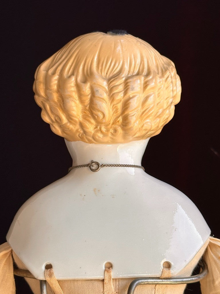 Large Antique German 26” Flat Top Highbrow China Shoulder Head Blonde Doll