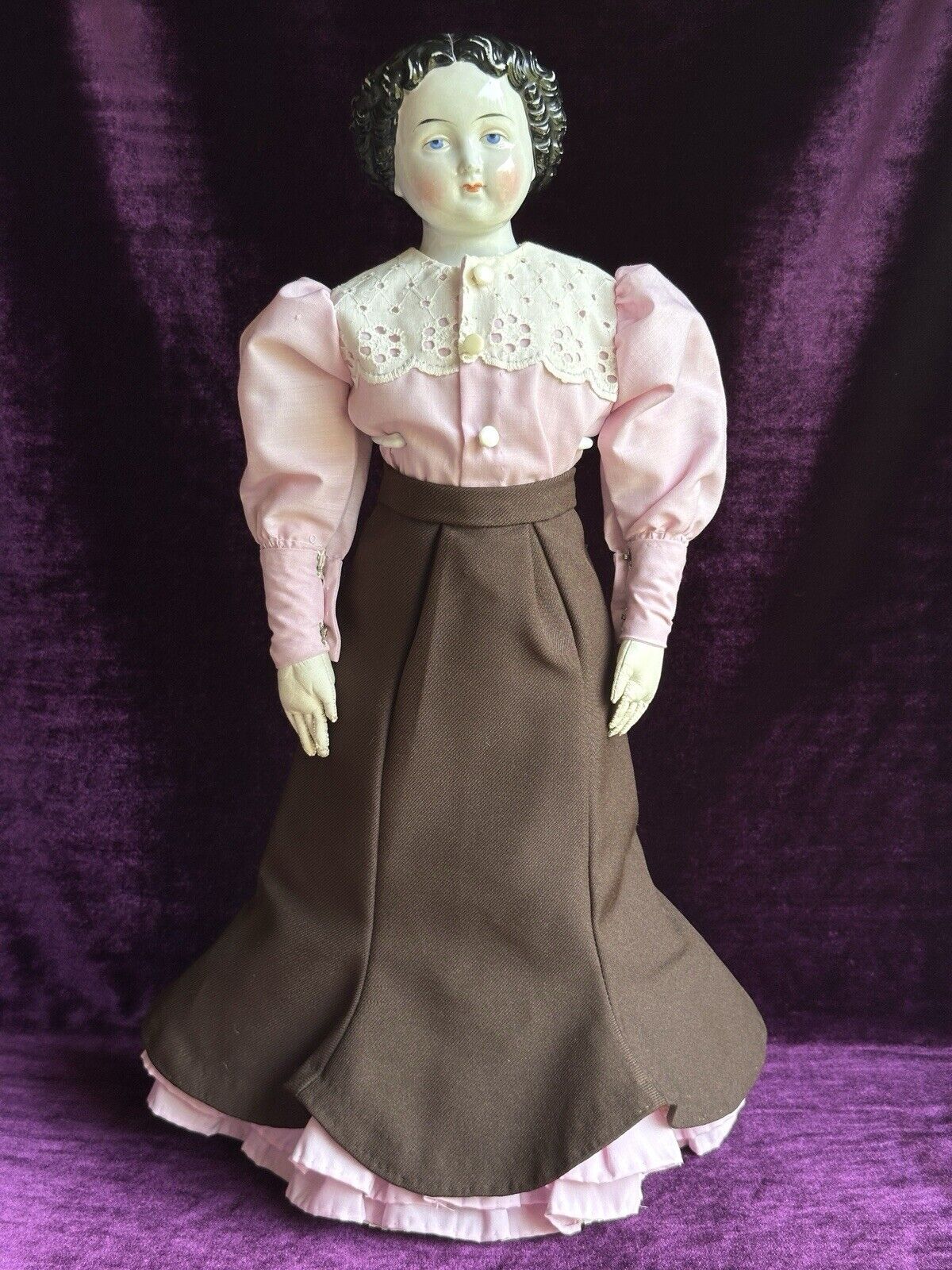 Antique German 19” China Shoulder Head Brunette Victorian Fashion Doll