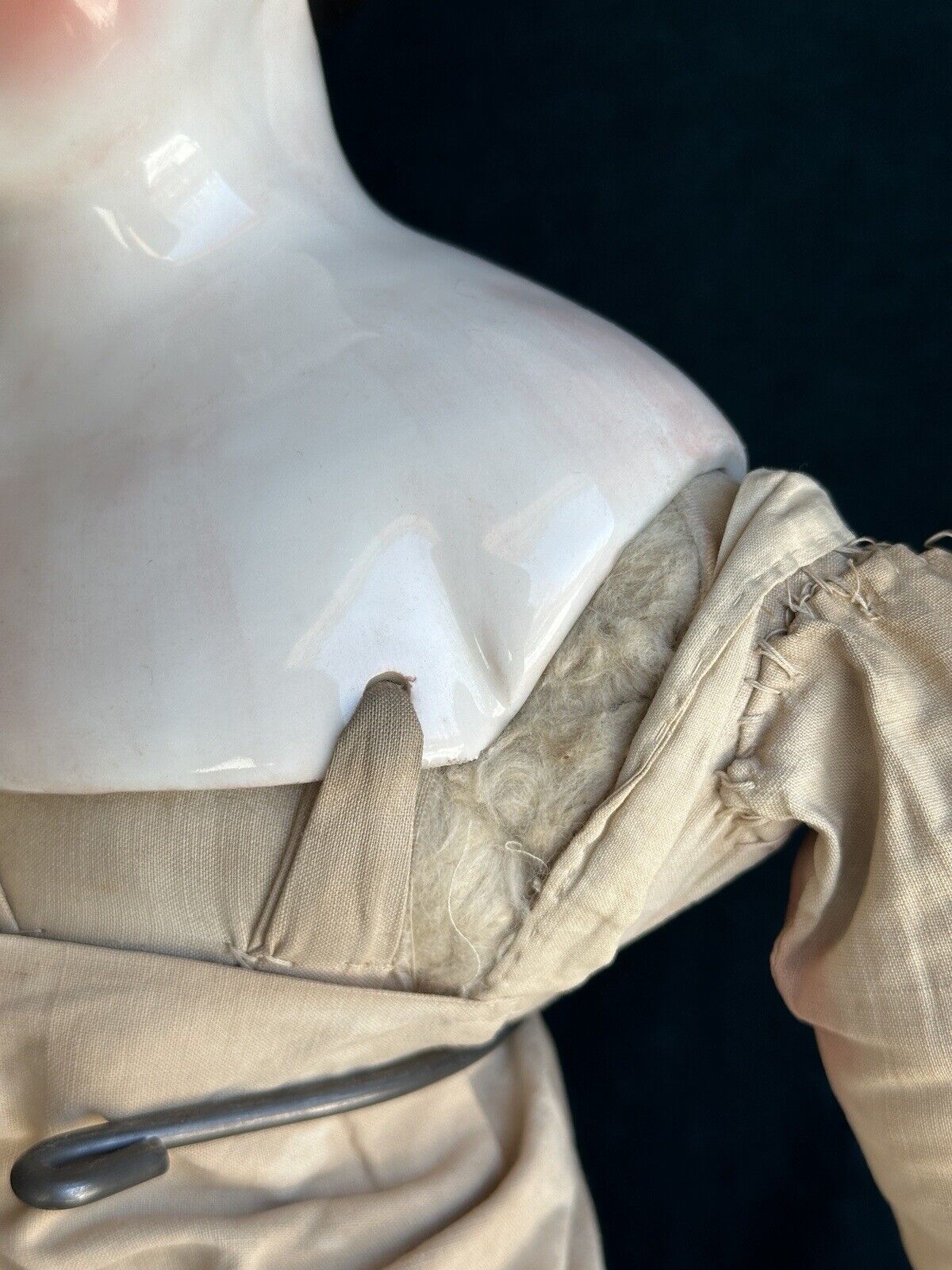 Antique German 26” Dolly Madison China Shoulder Head Doll with Molded Bow