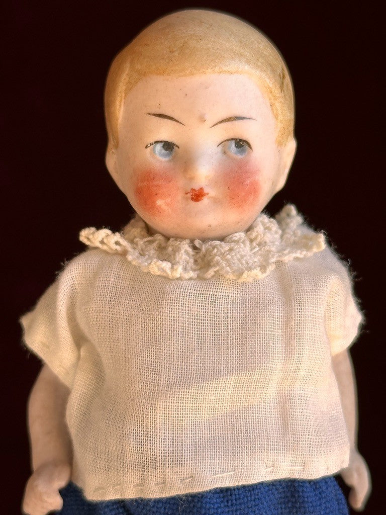 Antique German 4.375” All Bisque Boy Doll with Molded Hair