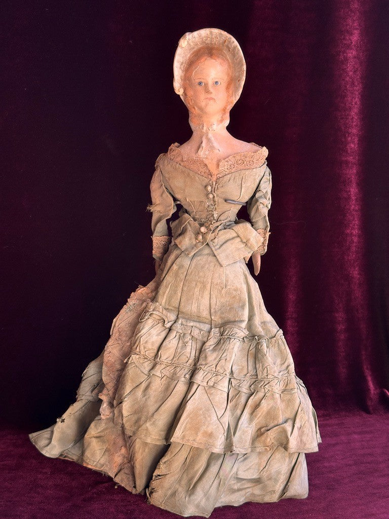Antique German 18.75” Wax Over Papier Mache Milliner’s Model Molded Bonnet Doll