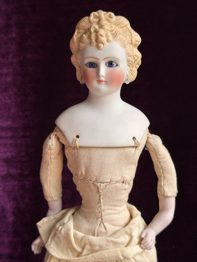 Very Rare 16” Antique German Glass Eyes Parian China Bisque Head Fashion Doll