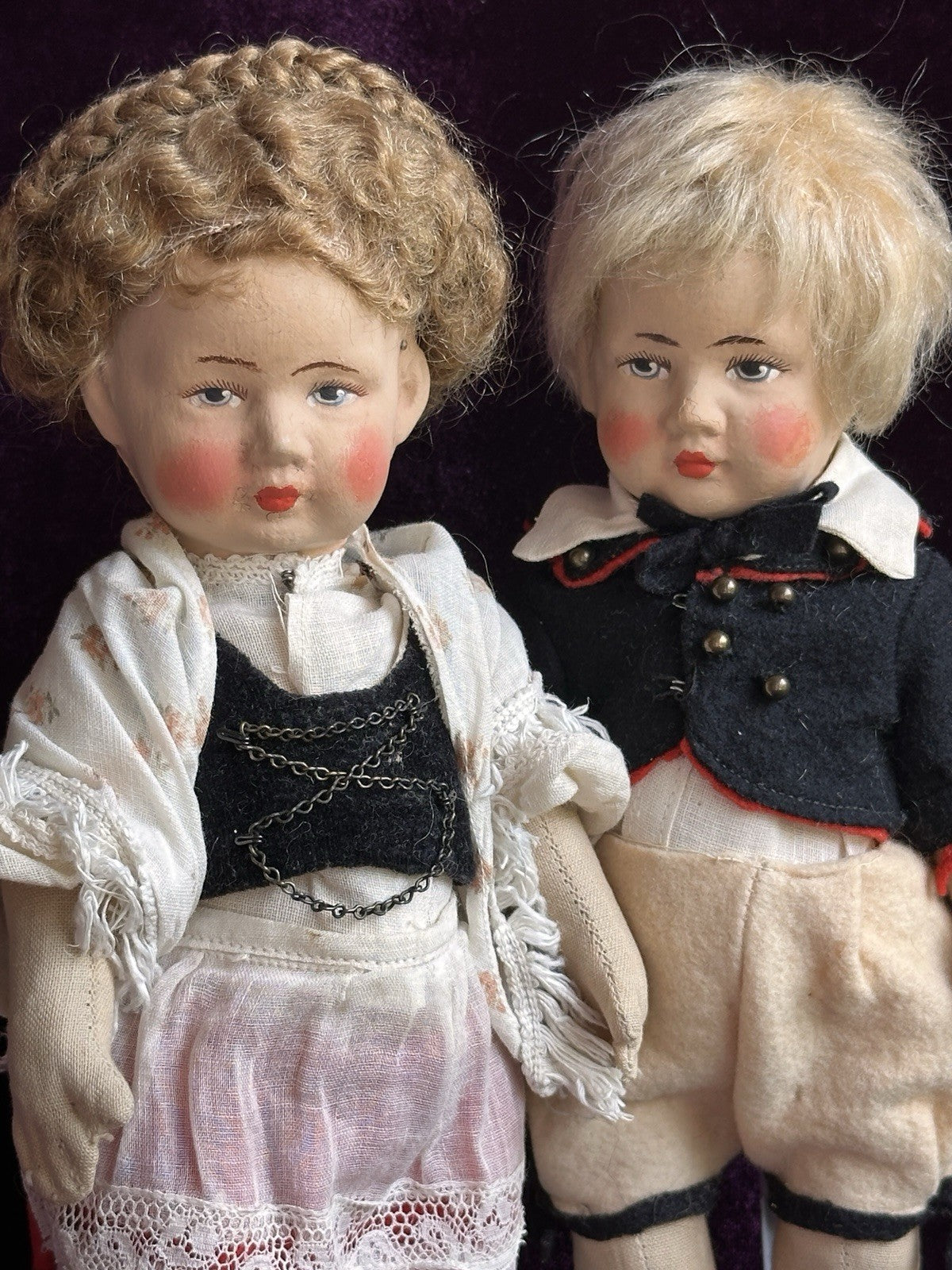 Lot of 2 Antique German 10” Gebruder Bing Cloth Boy and Girl Dolls