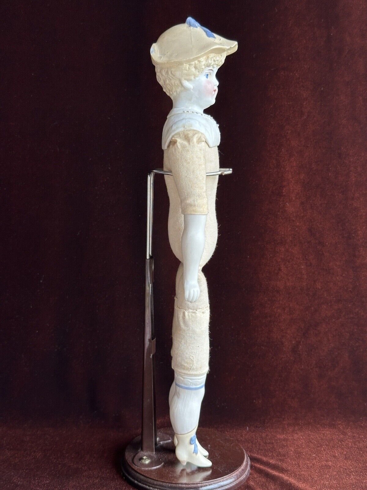 Antique German Hertwig 14” Molded Hat Parian Bisque Shoulder Head Doll