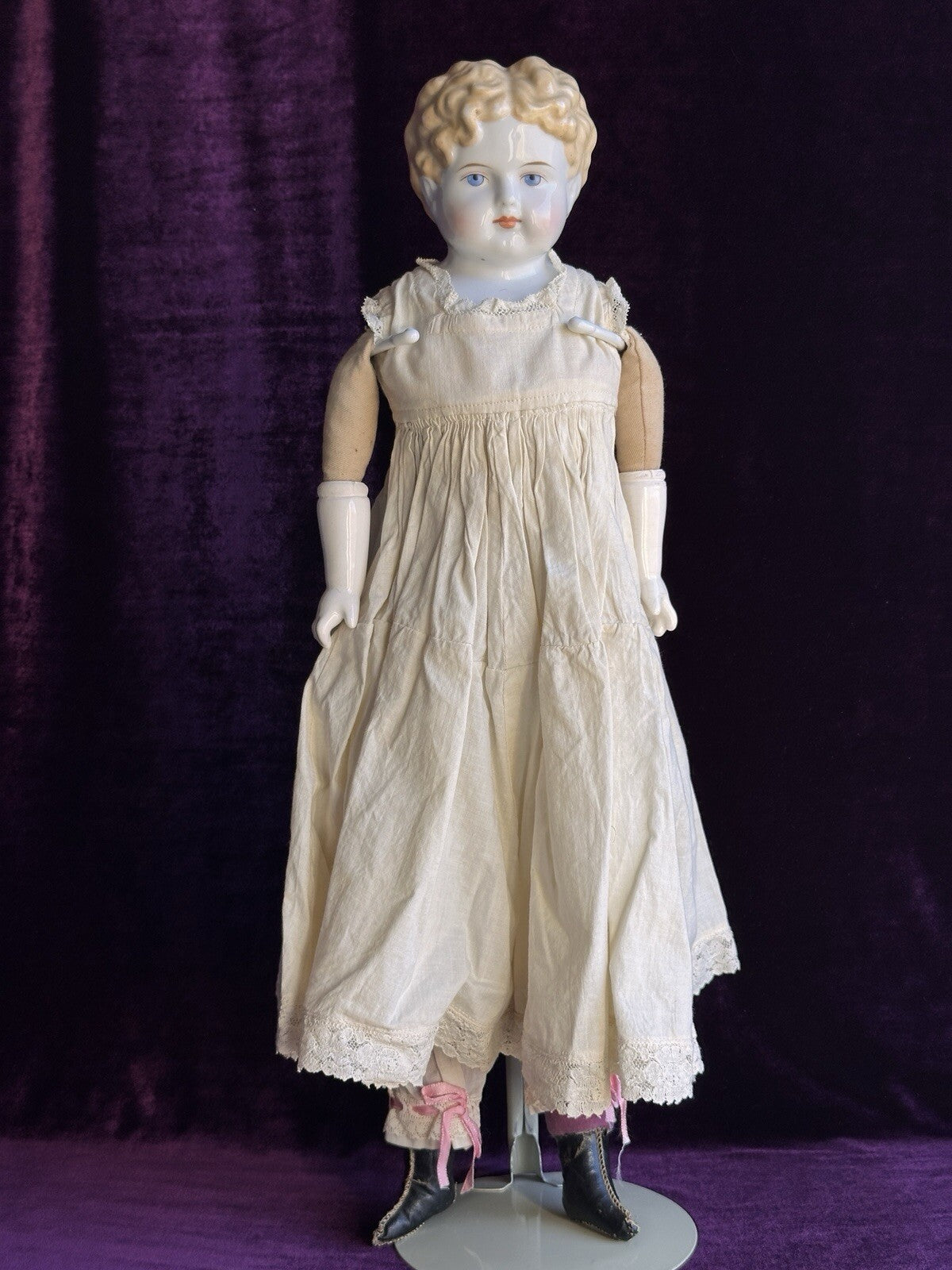 Large Antique German 24” Exposed Ears Blonde China Head Doll