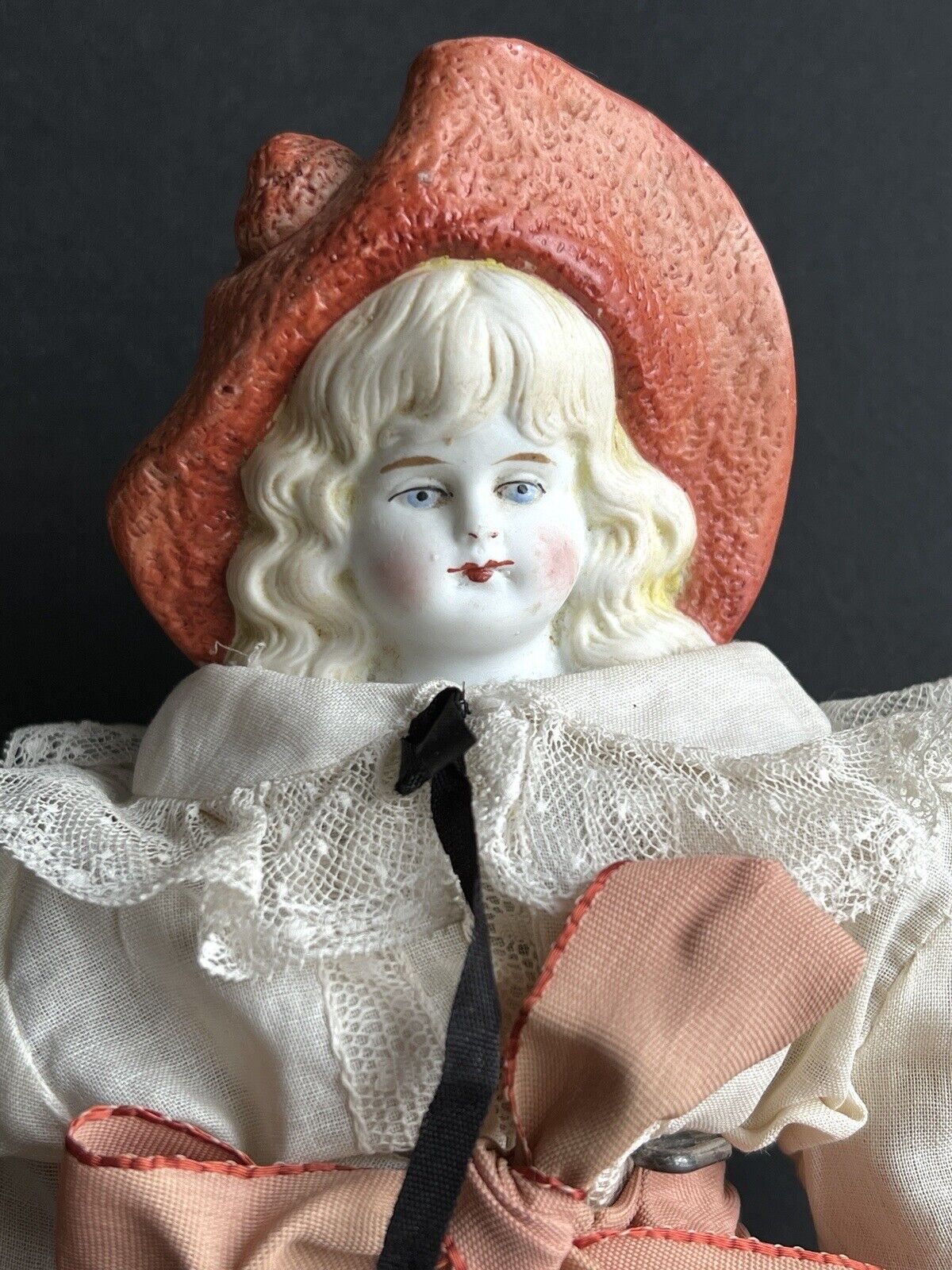 Antique German Hertwig 11.5” Molded Hat Bisque Shoulder Head Doll