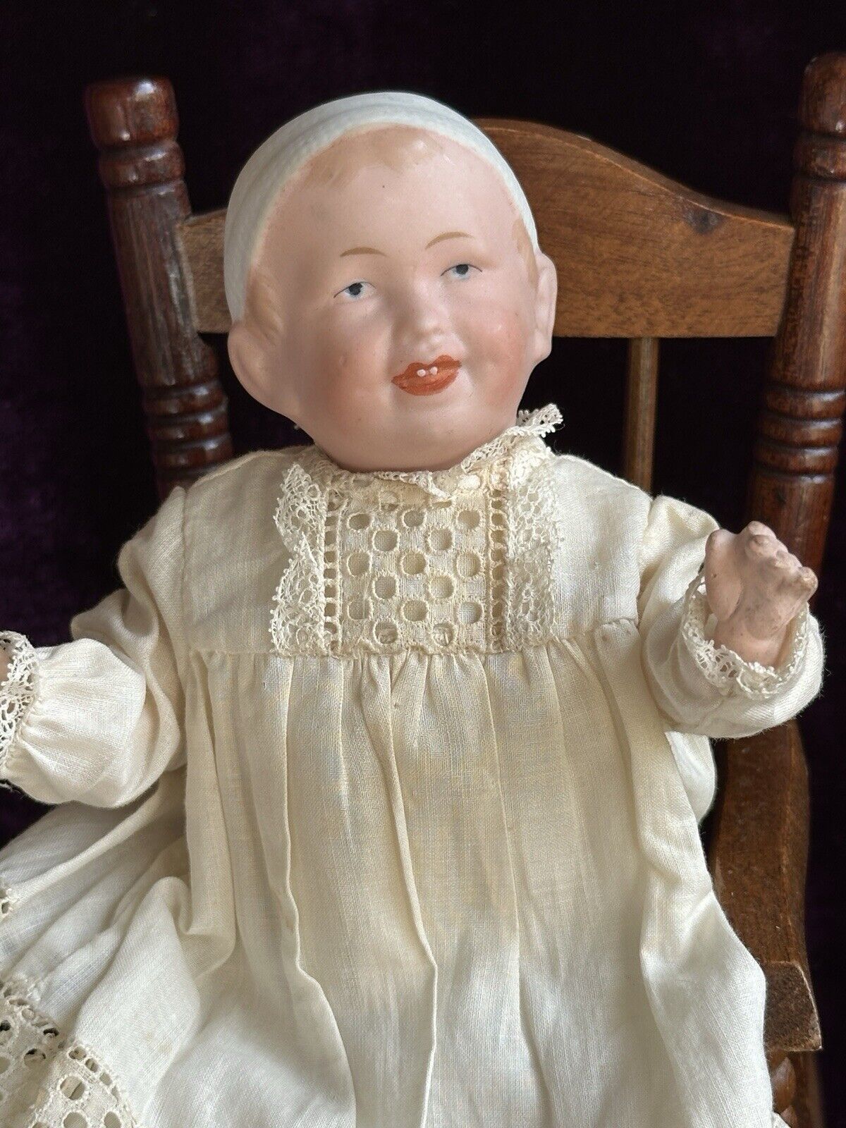 Antique German 8” Theodor Recknagel 28 Bisque Head Molded Hat Girl Baby Doll
