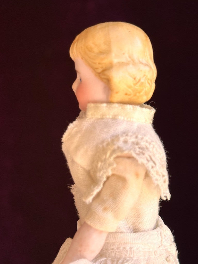 Antique German 5.25” Bisque Shoulder Head Miniature Dollhouse Parian Doll