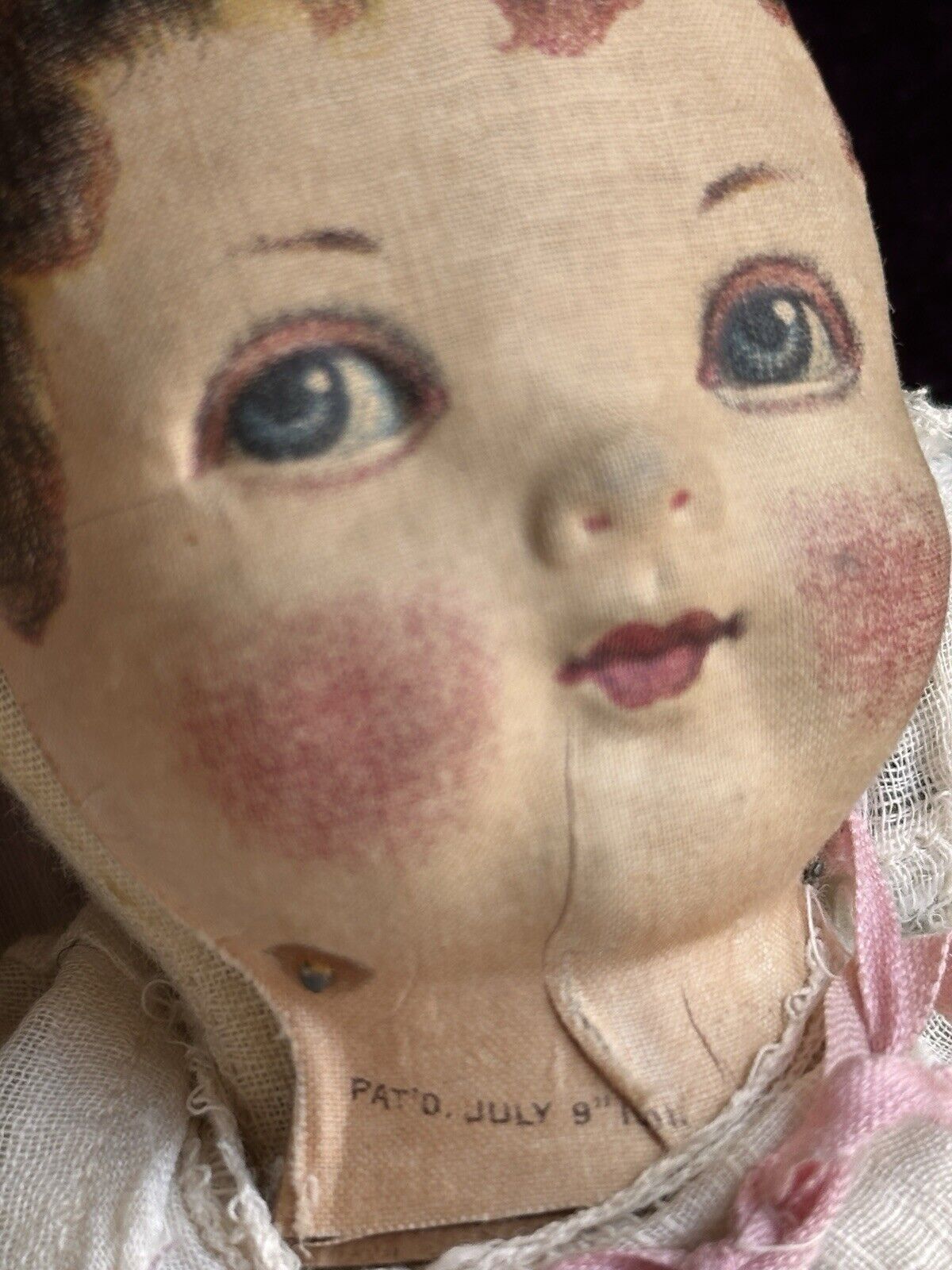 Antique American 12” Bruckner Lithograph Hard Mask Cloth Rag Doll
