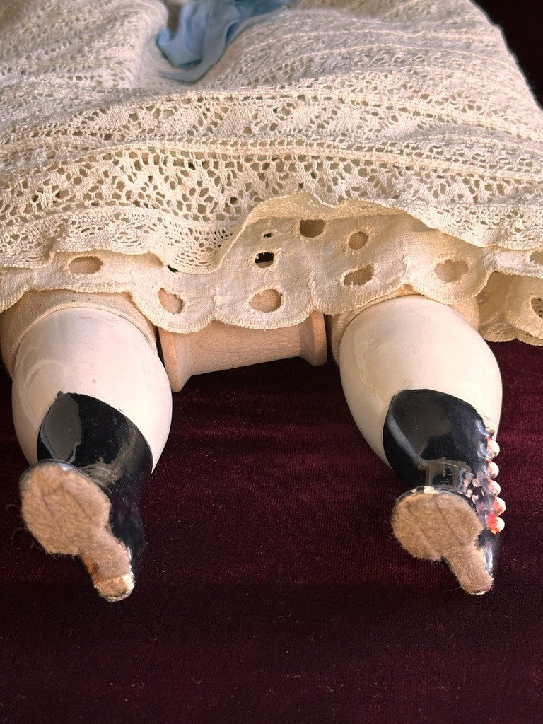 Large Antique German 26” Flat Top Highbrow China Shoulder Head Blonde Doll