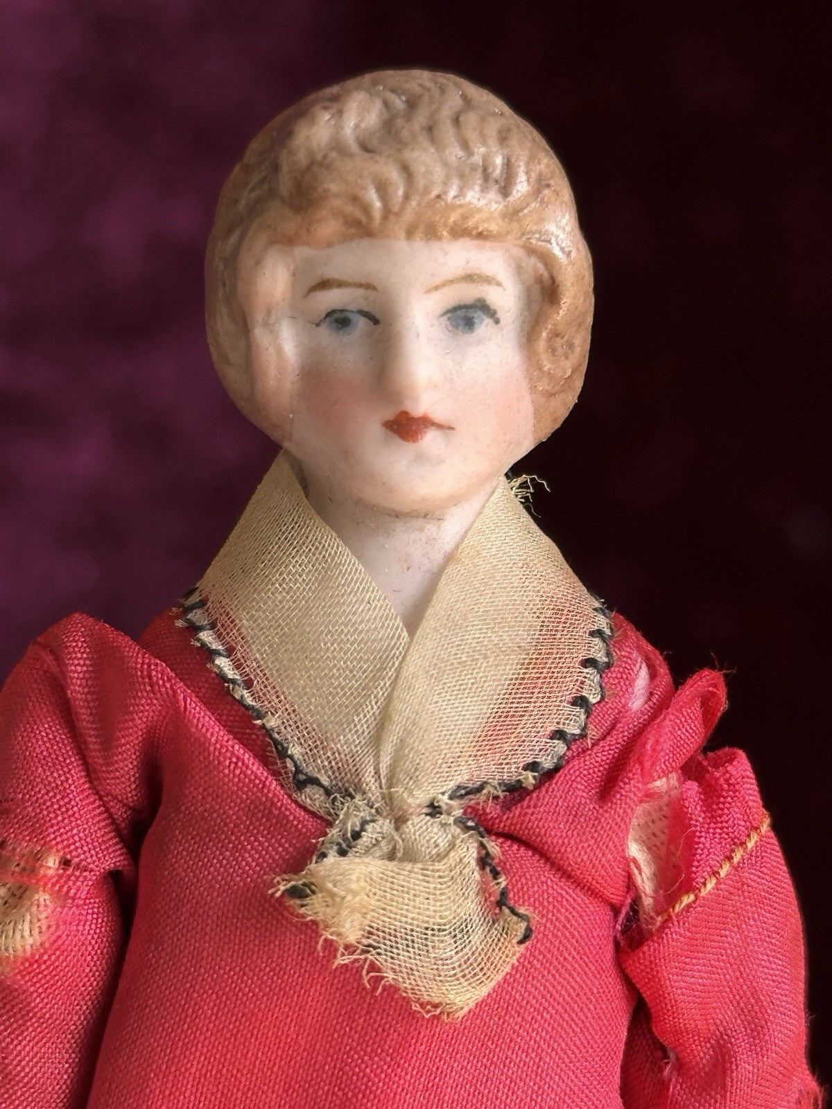 Antique German 5.25” Bisque Cloth Miniature Dollhouse Parian Female Doll