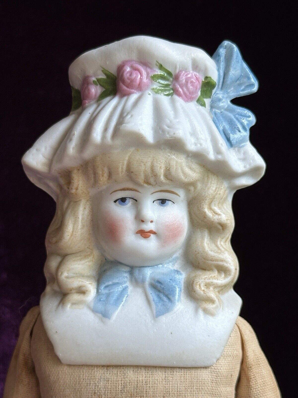 Antique German 11.5” Hertwig Molded Bonnet Bisque Head Parian Doll