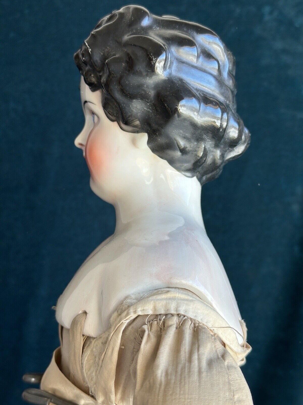 Antique German 26” Dolly Madison China Shoulder Head Doll with Molded Bow