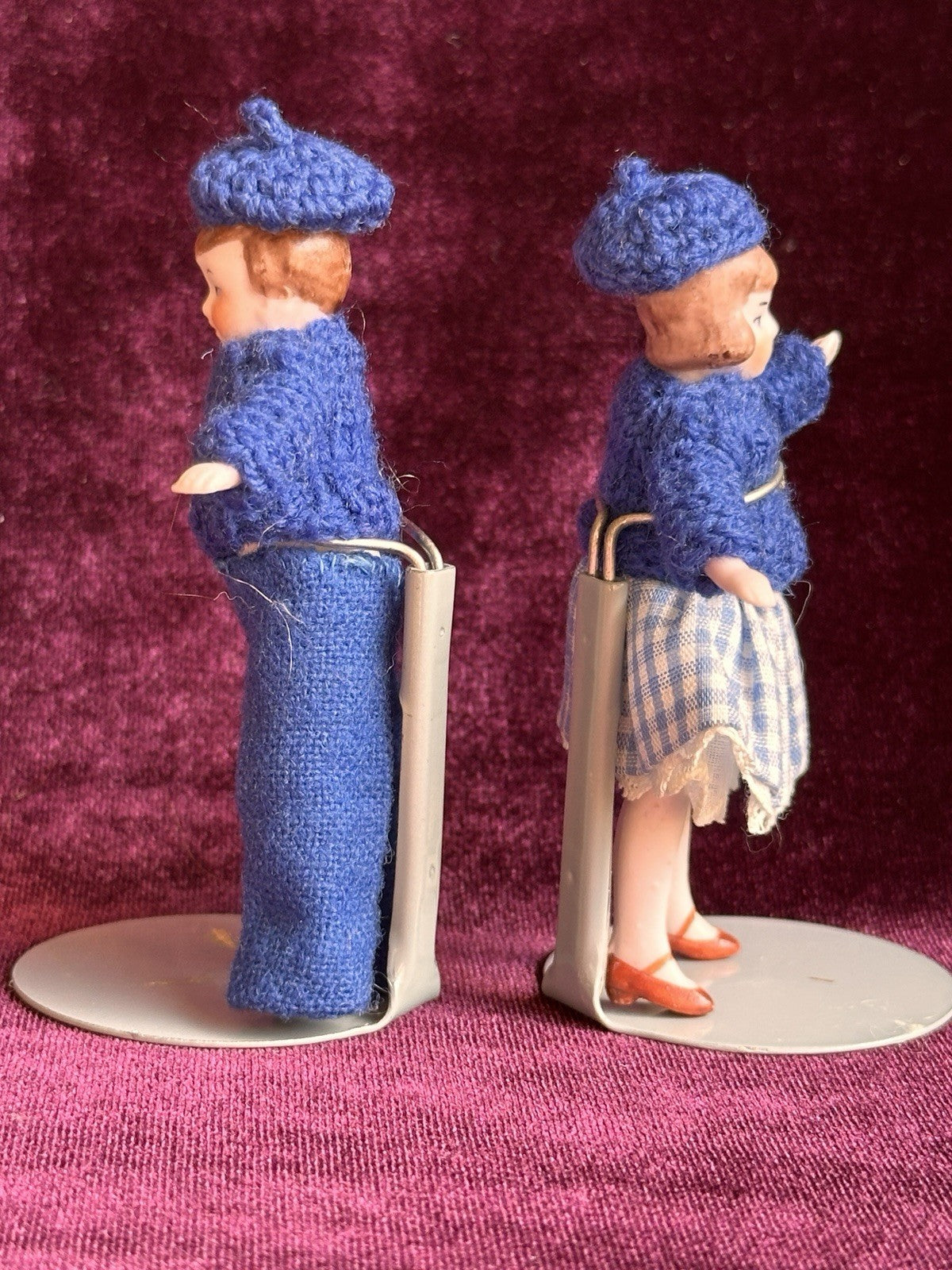 Lot of 2 Antique German Hertwig Miniature All Bisque Flapper Dollhouse Dolls