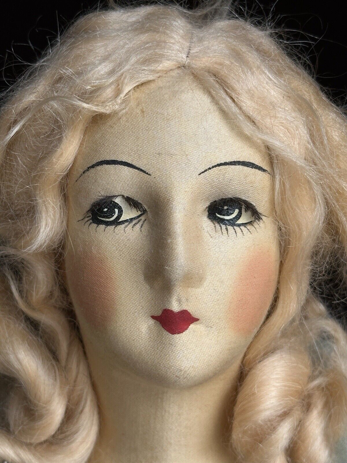 Antique Art Deco 29” French Boudoir Flapper Cloth Face Mask Doll