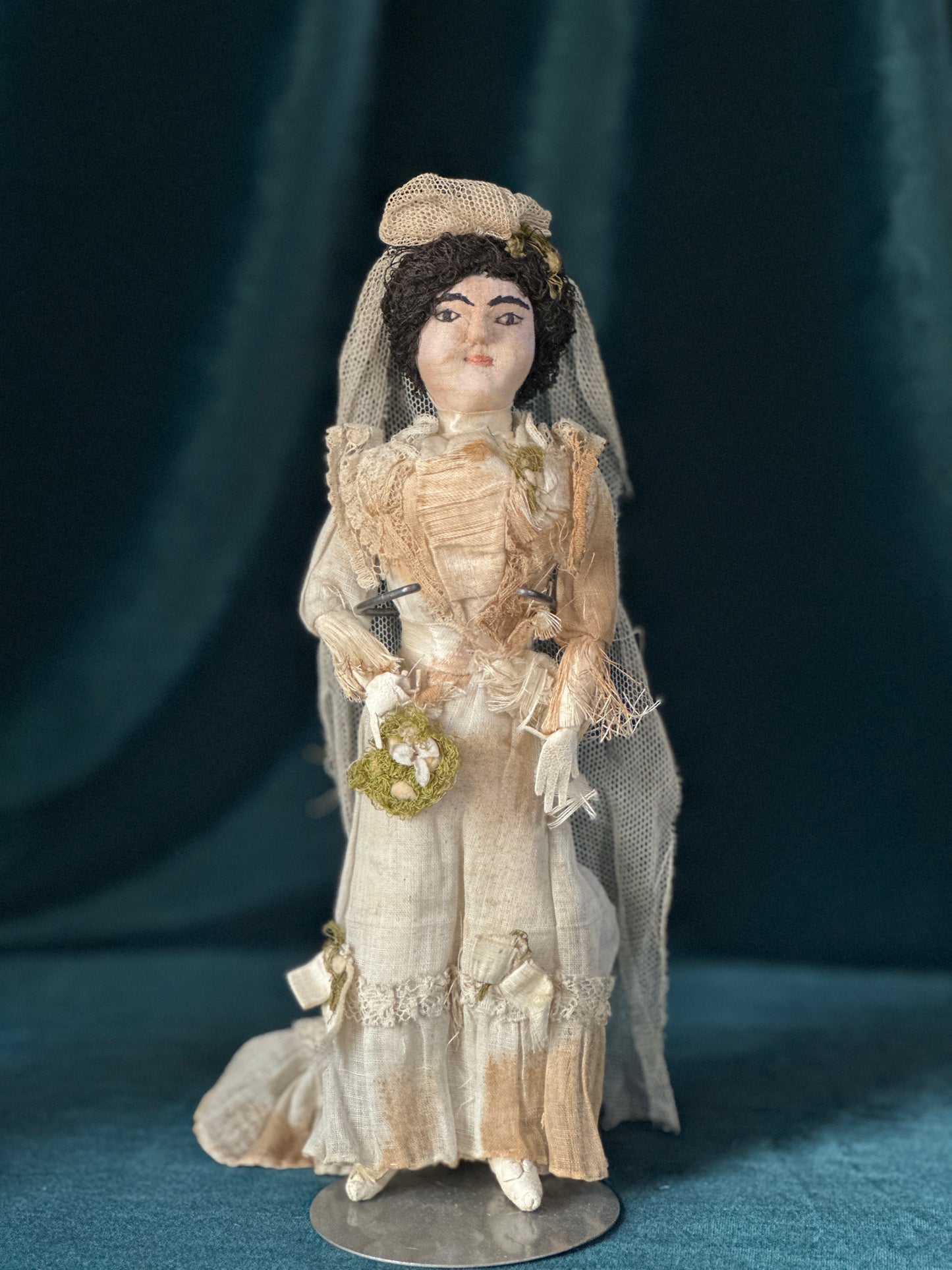Lot Of 2 Antique 1900’s Early Cloth 10” Bride and Groom Stockinette Dolls