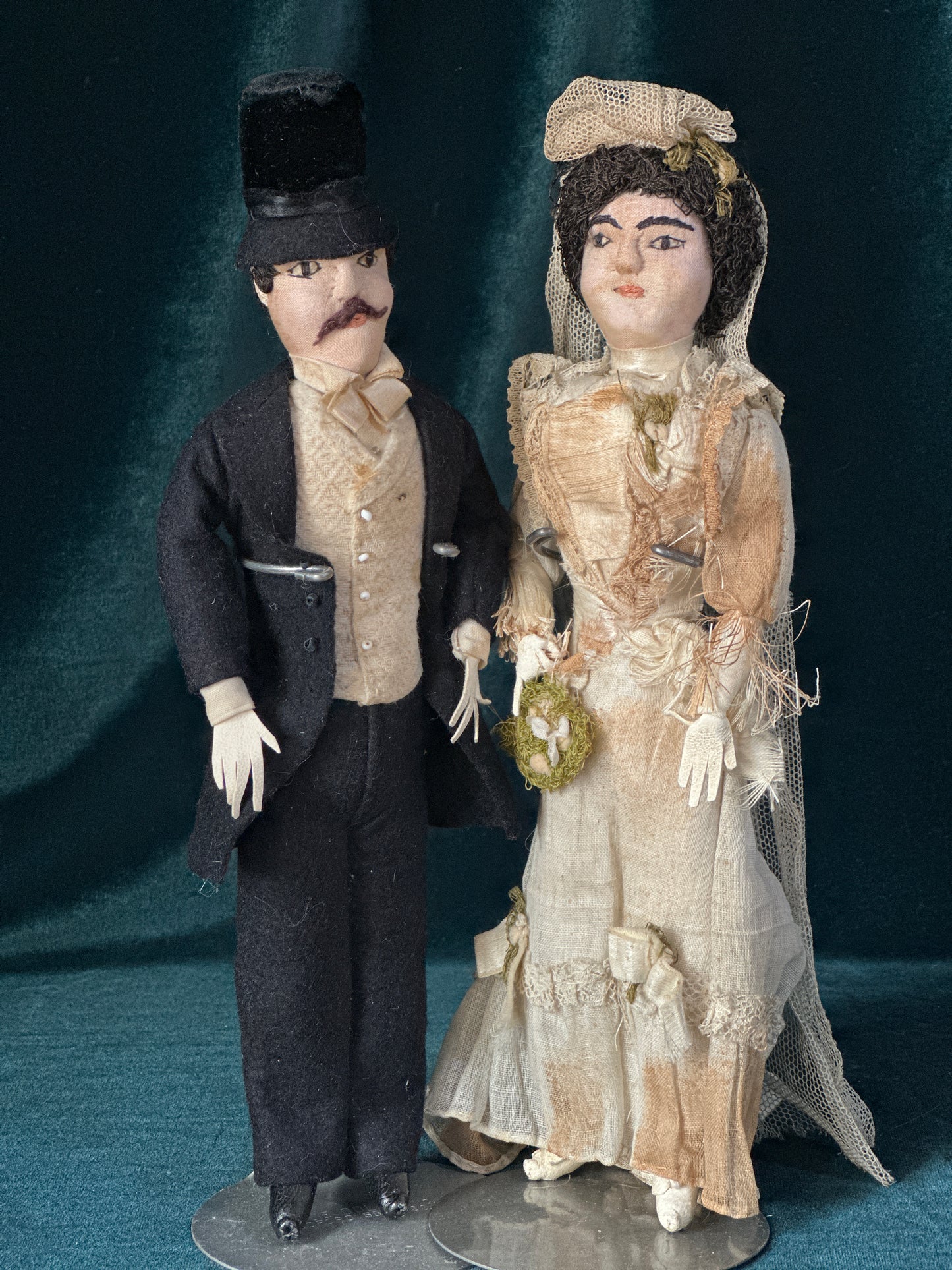 Lot Of 2 Antique 1900’s Early Cloth 10” Bride and Groom Stockinette Dolls