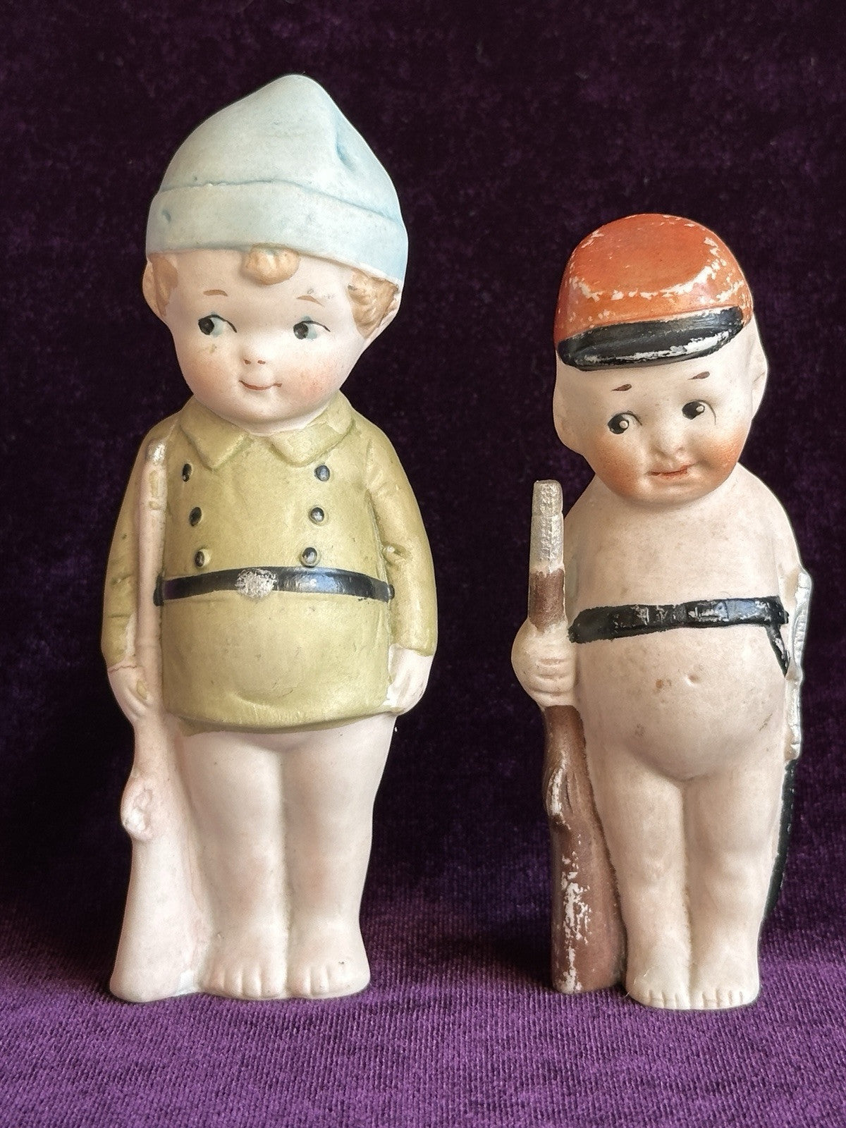 Antique German All Bisque Soldiers 4” and 4.75” Kewpie Style Character Dolls