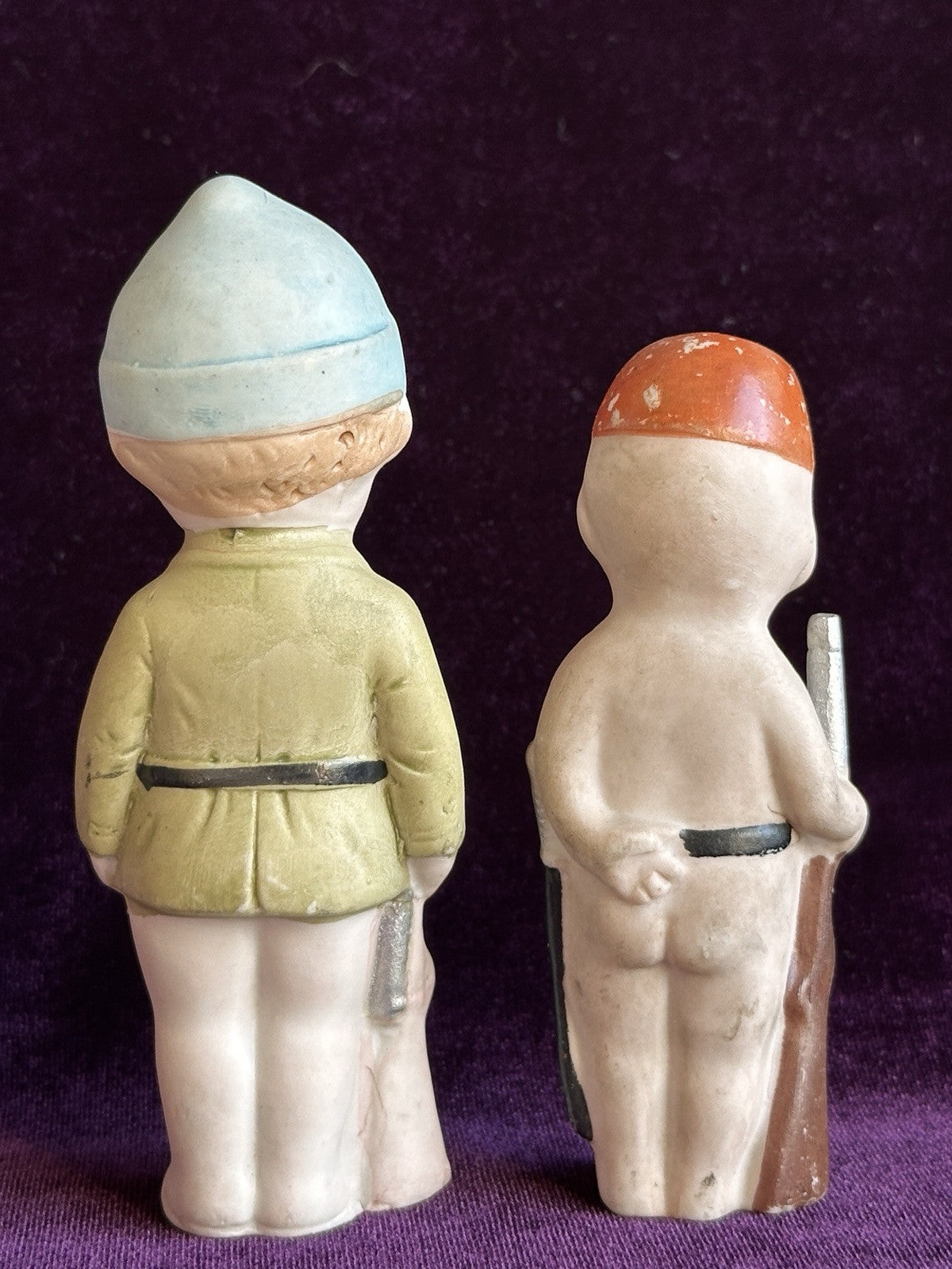 Antique German All Bisque Soldiers 4” and 4.75” Kewpie Style Character Dolls