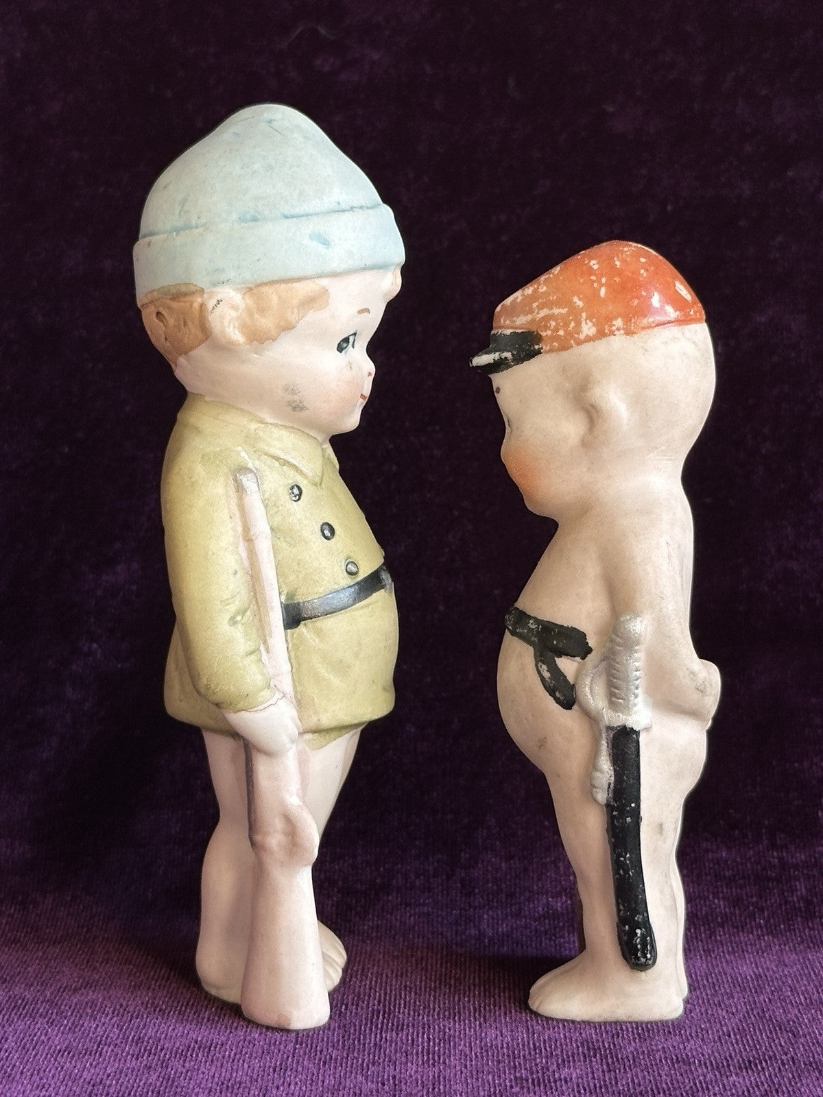 Antique German All Bisque Soldiers 4” and 4.75” Kewpie Style Character Dolls