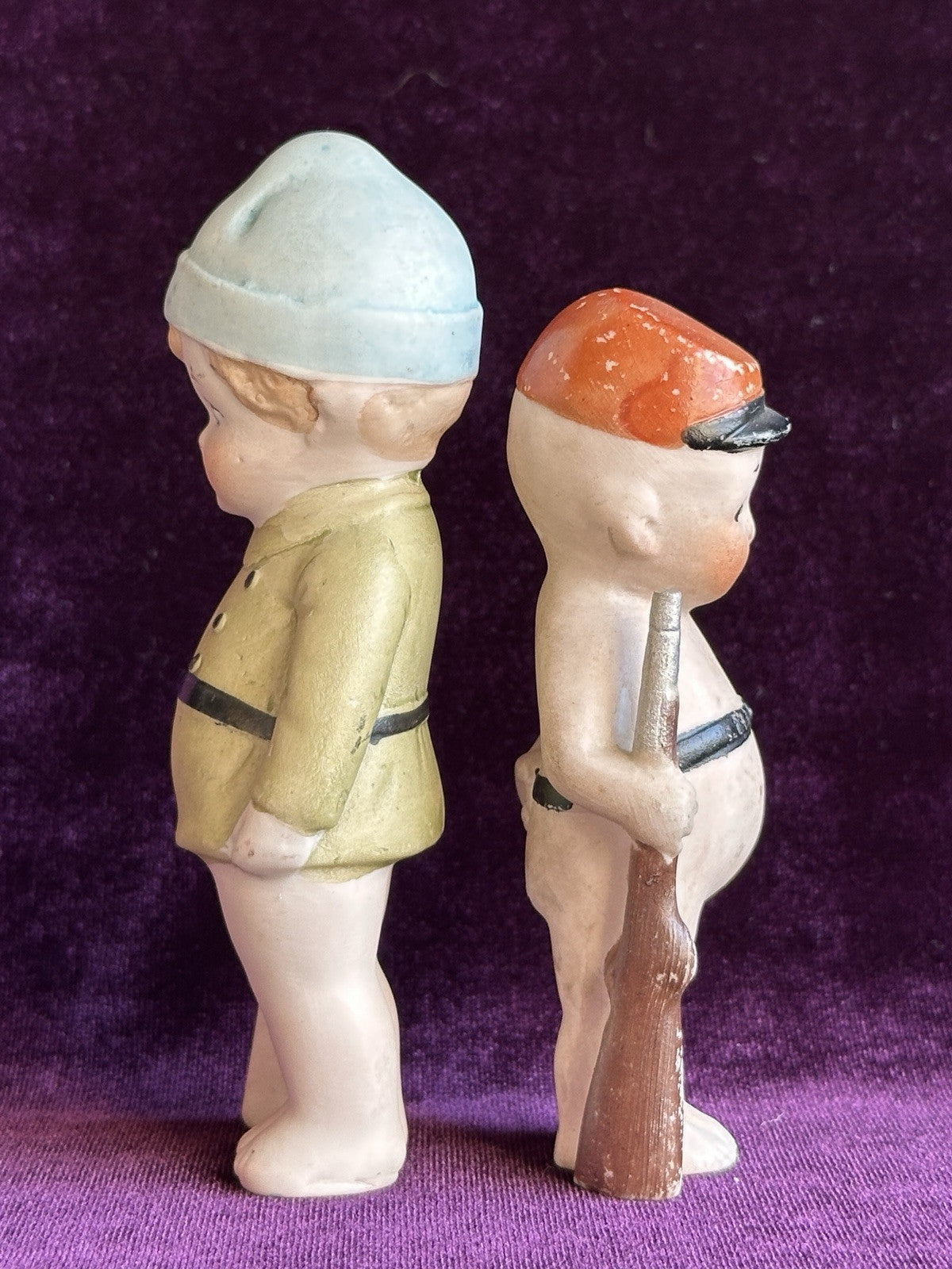 Antique German All Bisque Soldiers 4” and 4.75” Kewpie Style Character Dolls