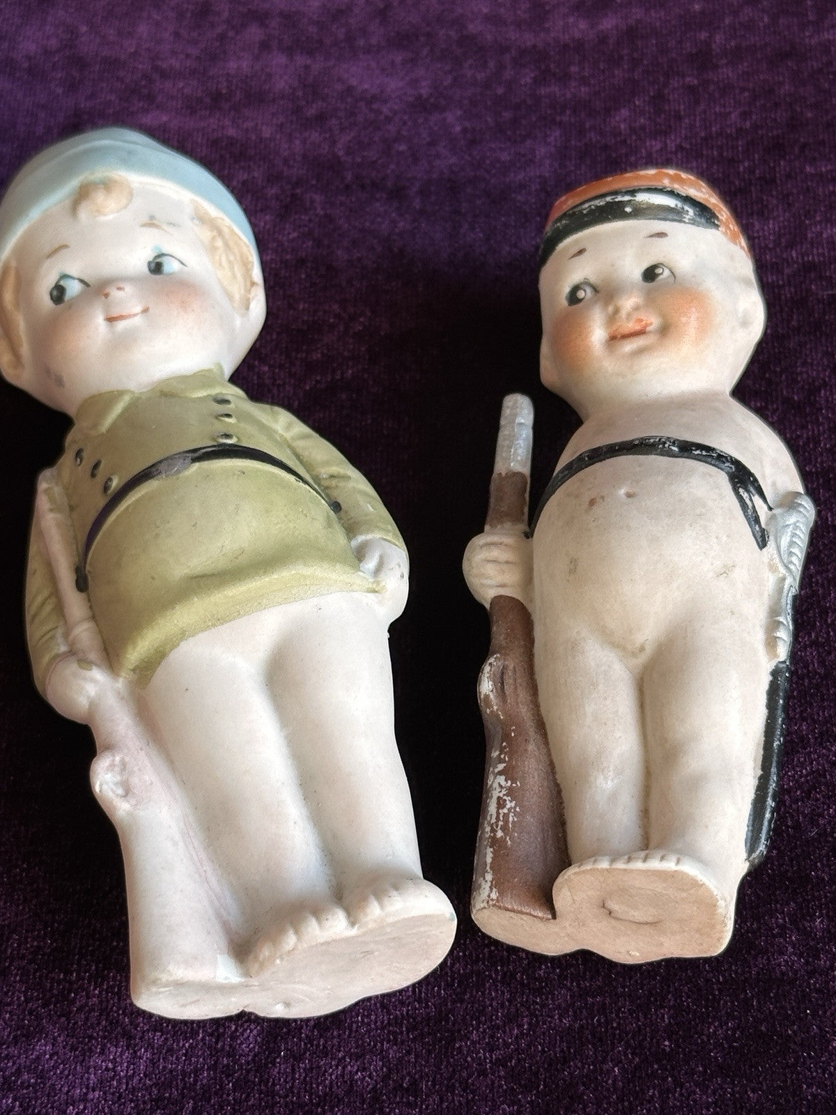 Antique German All Bisque Soldiers 4” and 4.75” Kewpie Style Character Dolls