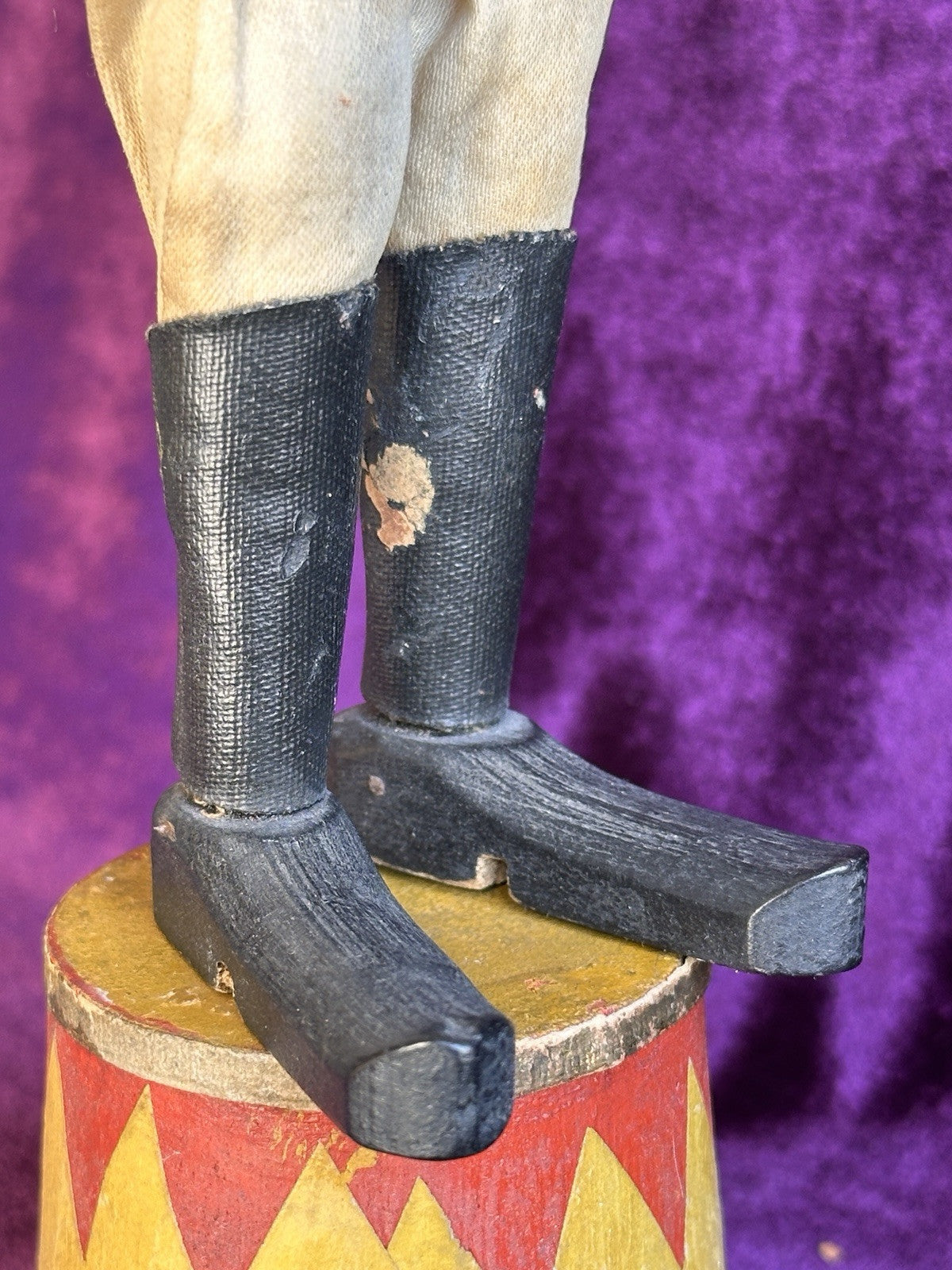 Antique American Schoenhut 8.25” Wooden Circus Tamer Doll and 2.5” Tub Toy