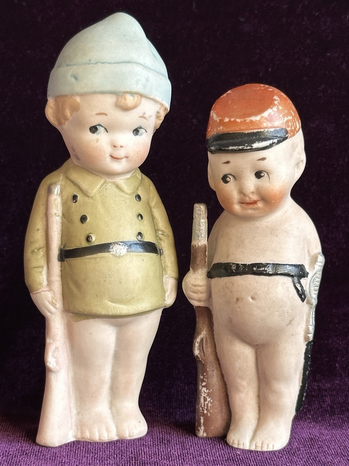 Antique German All Bisque Soldiers 4” and 4.75” Kewpie Style Character Dolls