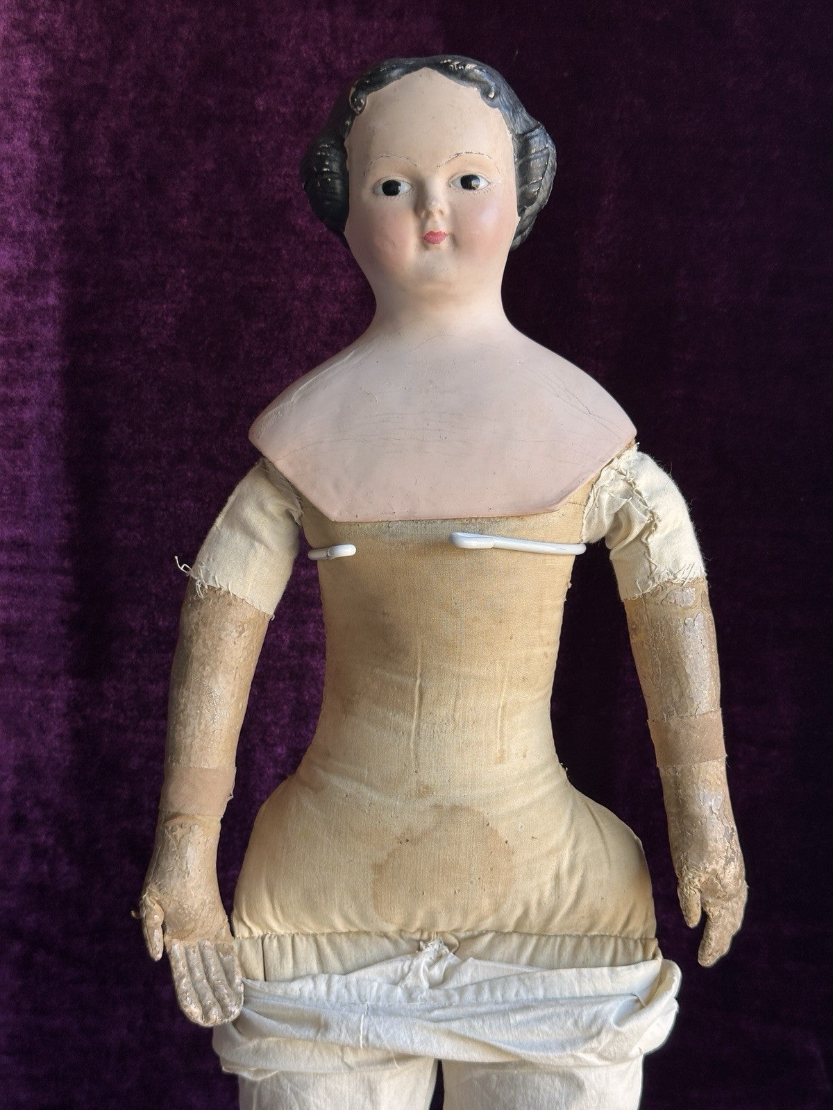 Antique Greiner Style 26” Flat Top Papier Mache Fashion Lady Doll Glass Eyes