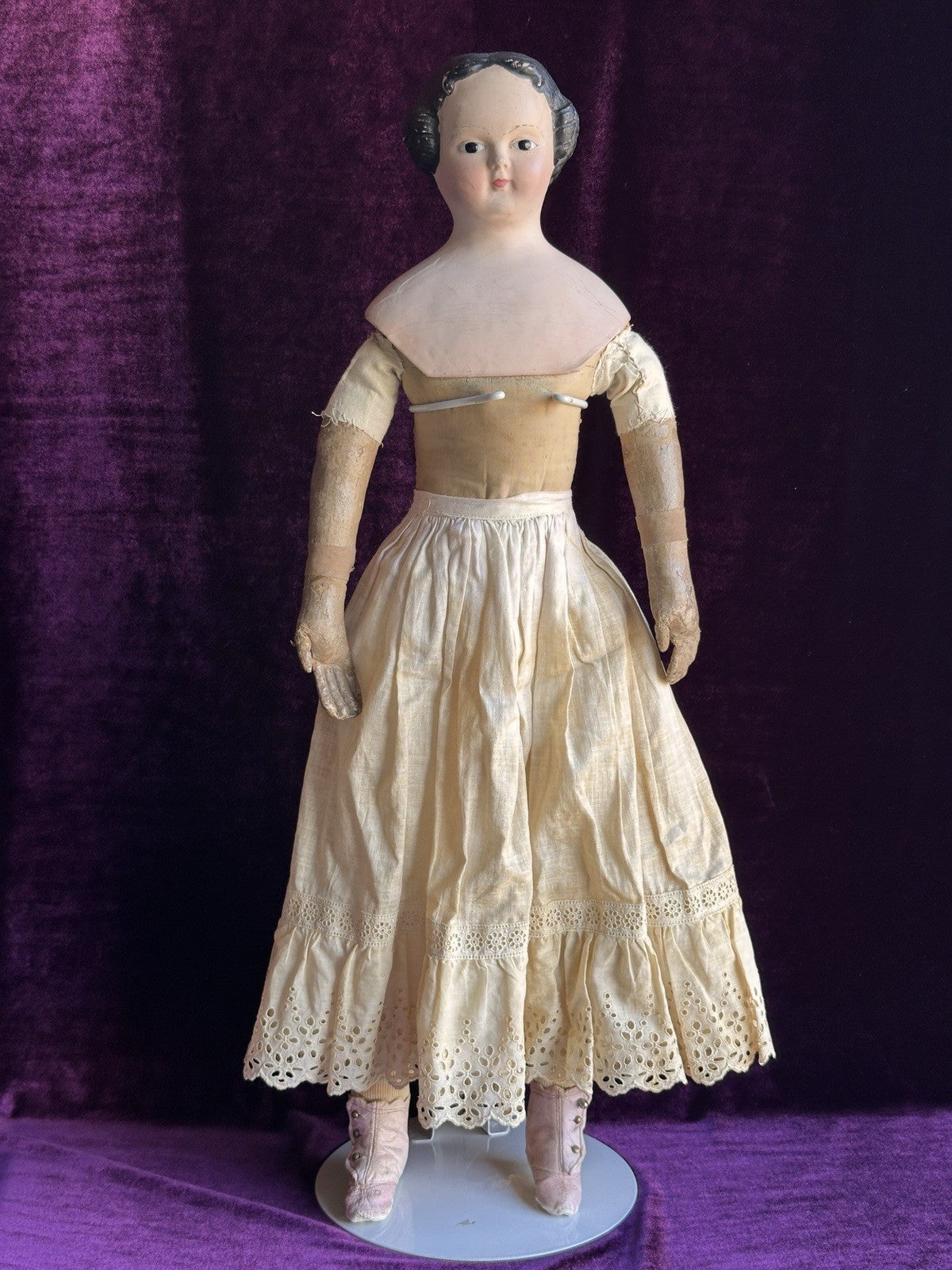 Antique Greiner Style 26” Flat Top Papier Mache Fashion Lady Doll Glass Eyes