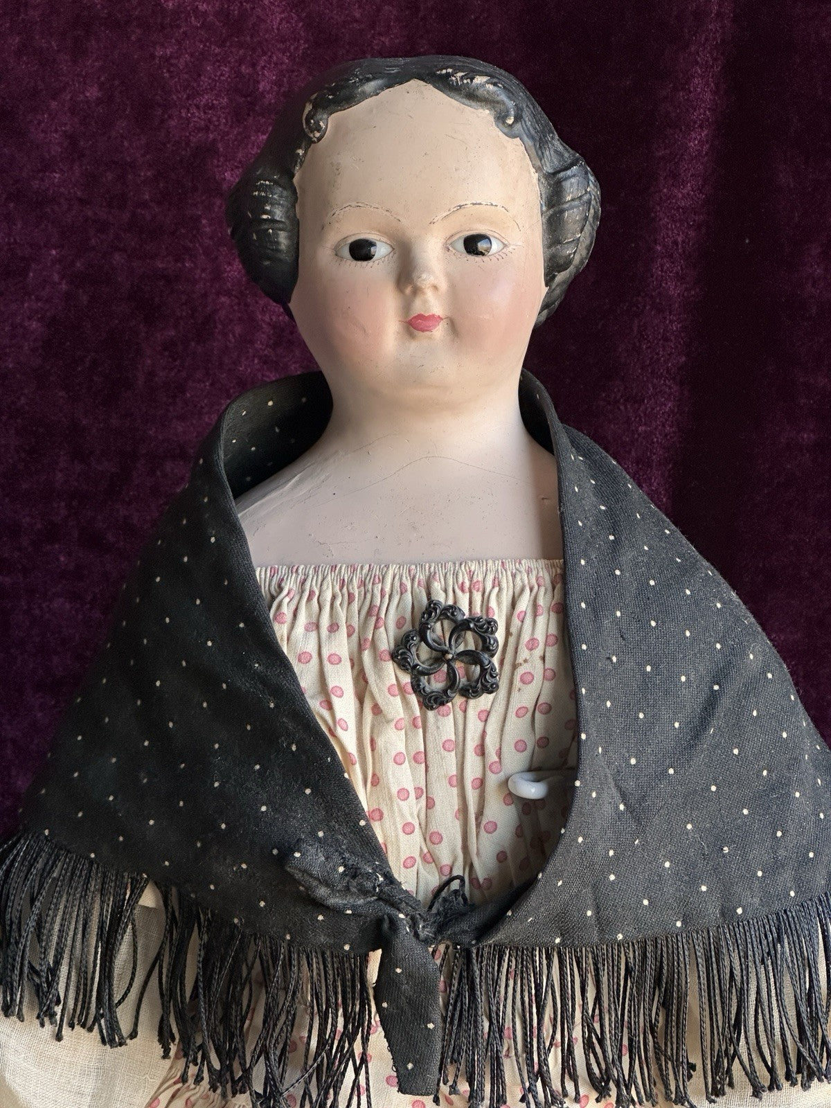 Antique Greiner Style 26” Flat Top Papier Mache Fashion Lady Doll Glass Eyes